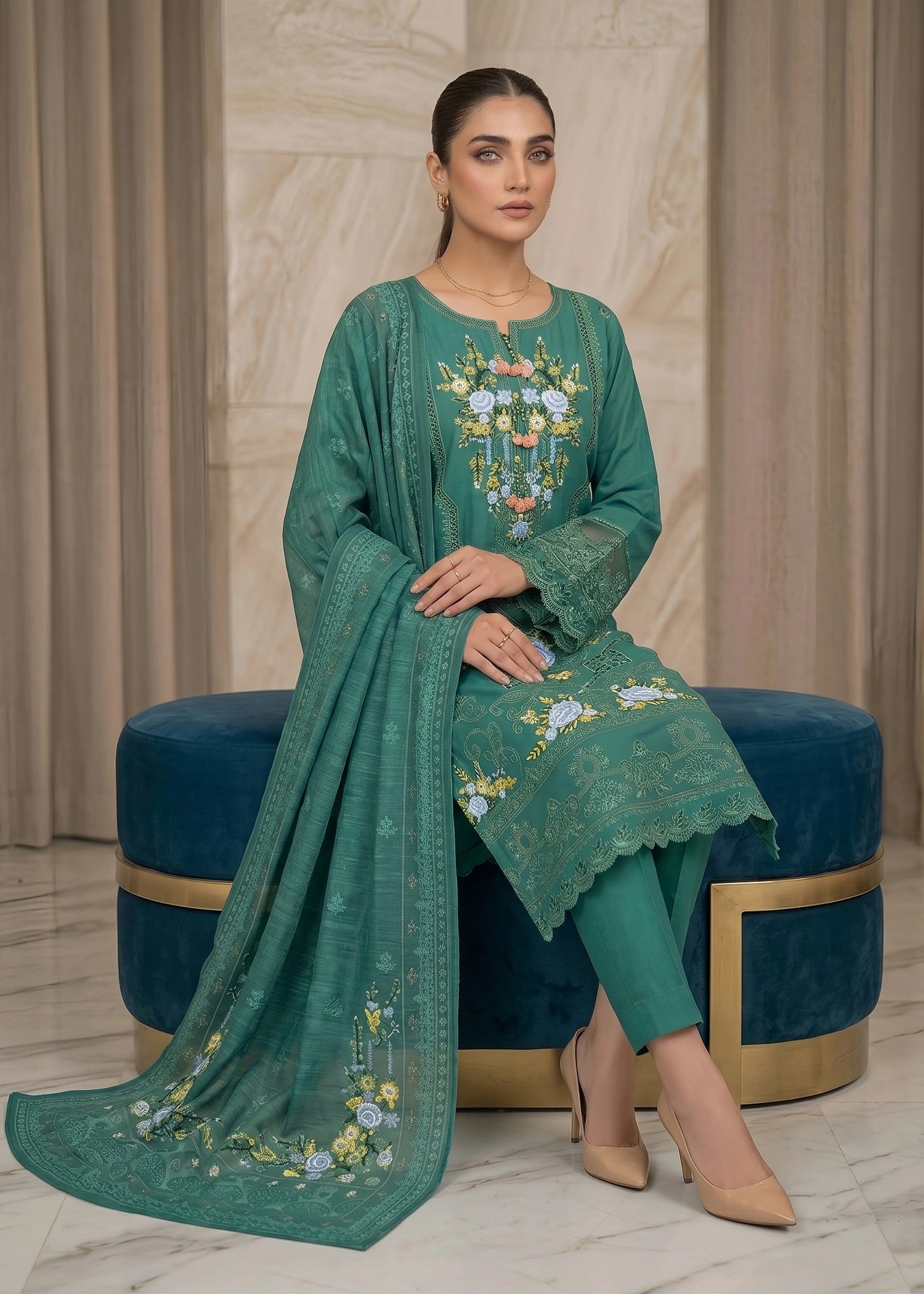 cotton linen Kurta Set in Bottle green
