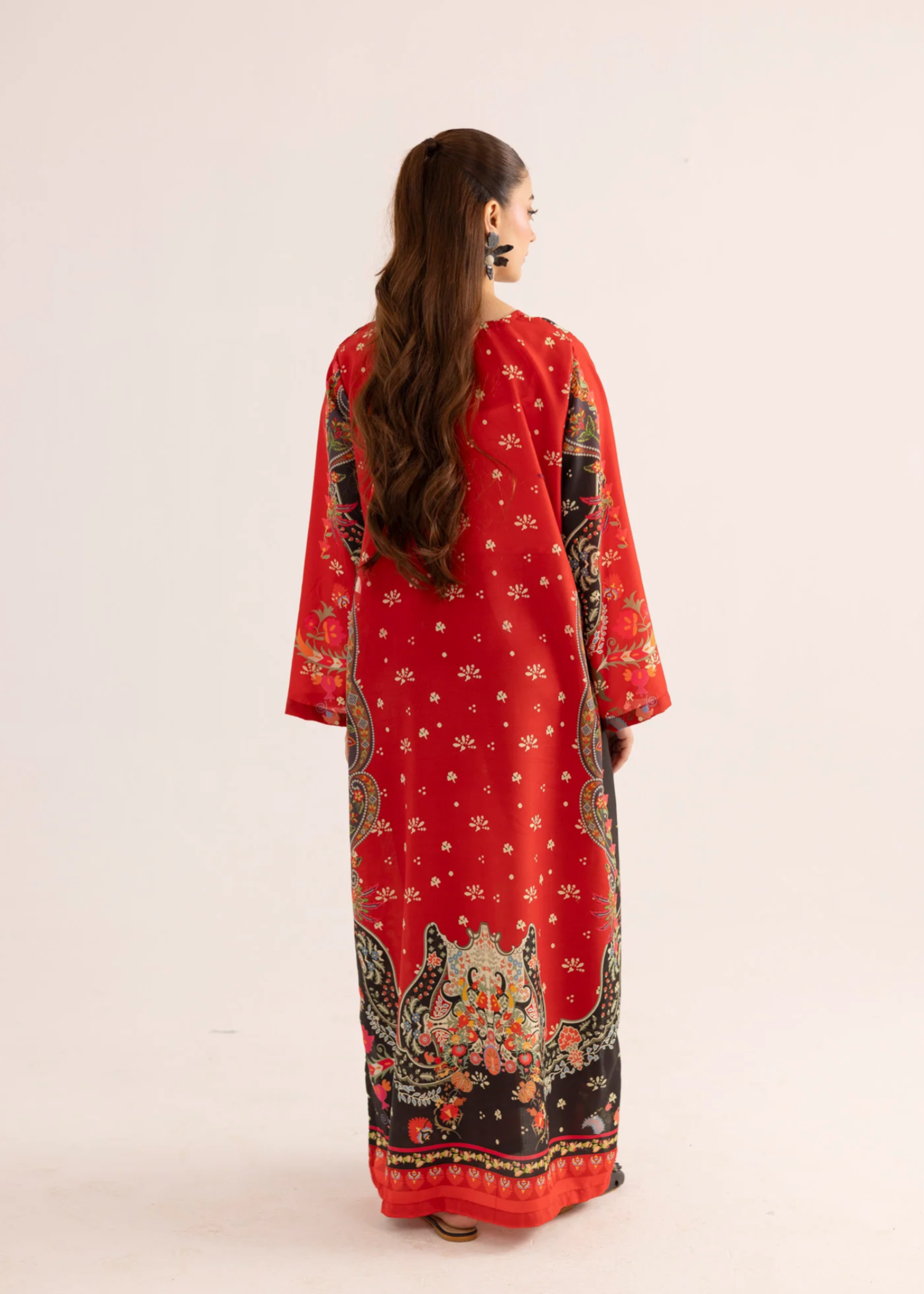 silk finish lawn Kaftan in Sunset orange