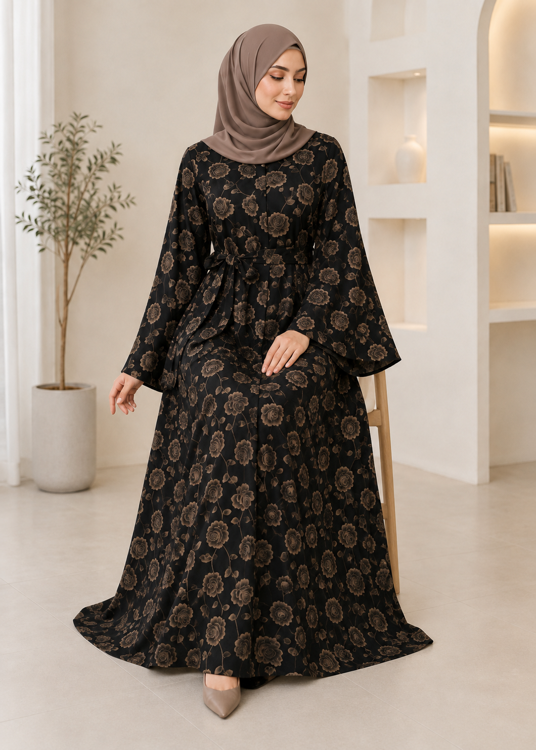 nidha Abaya in Black, tan brown