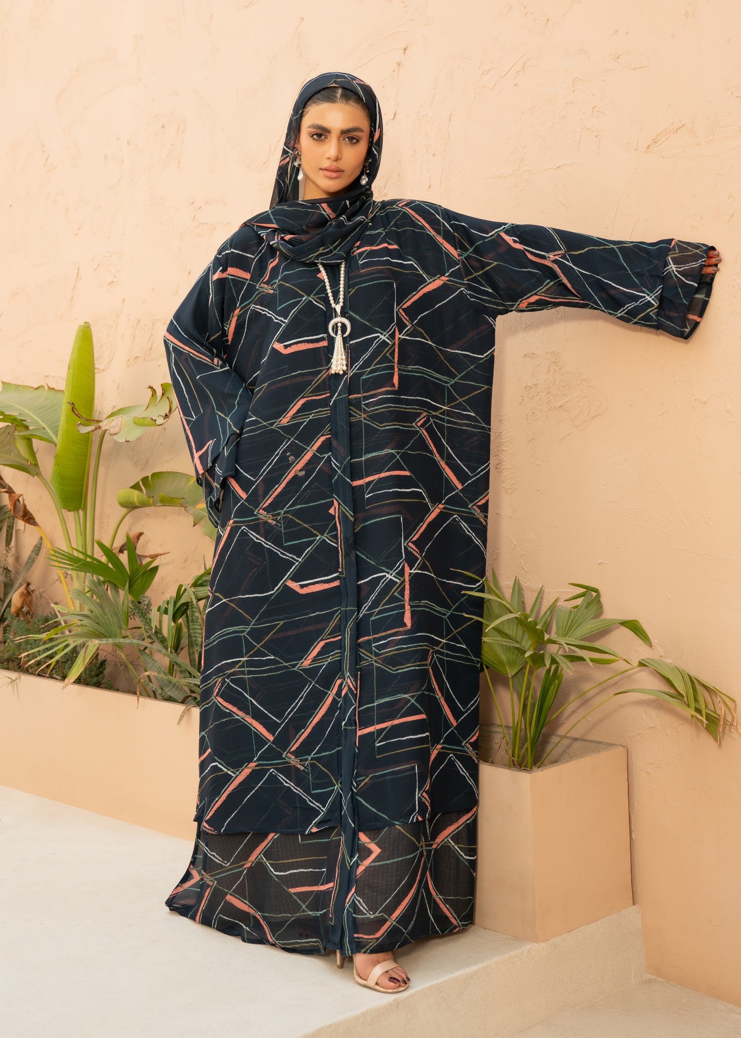 chiffon Abaya in Multi, midnight blue