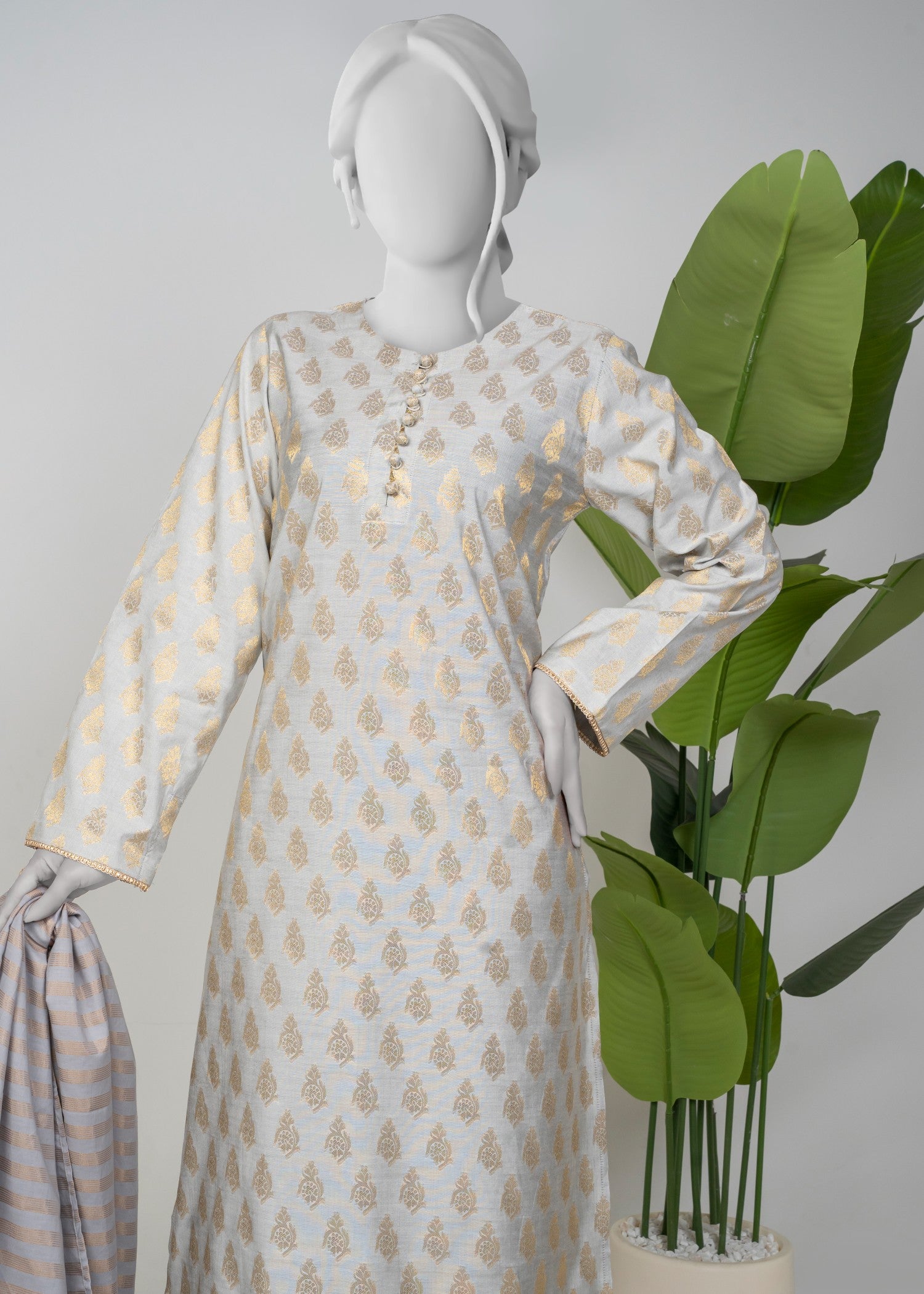 self jacquard Kurta Set in Pastel grey