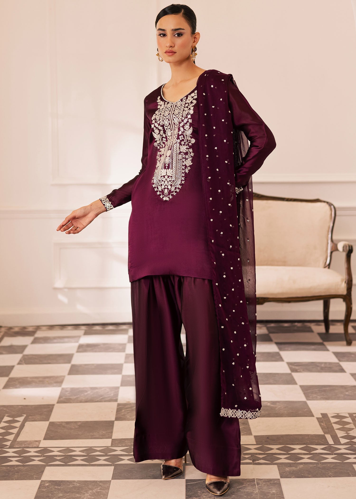 thai silk Kurta Set in Deep purple