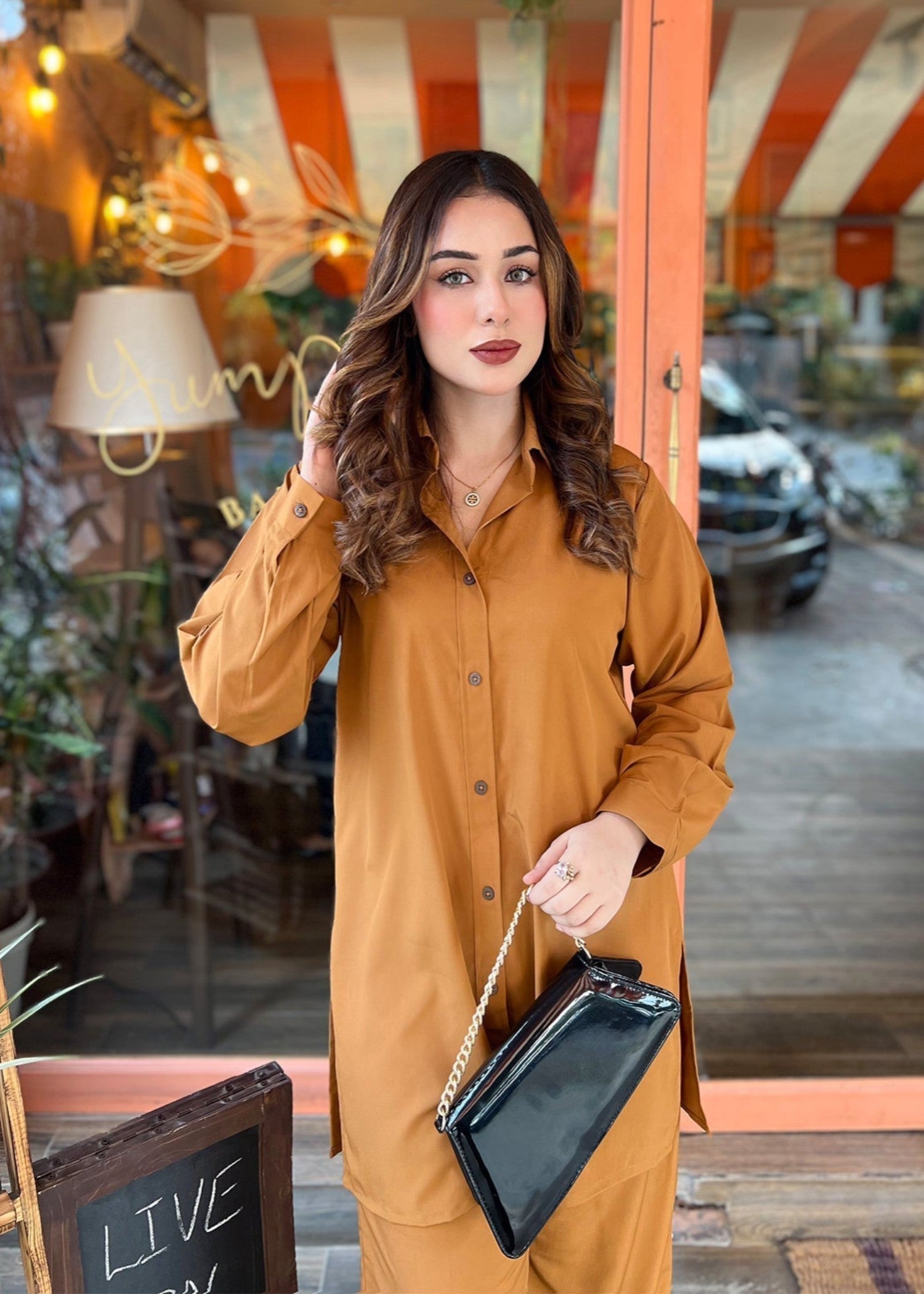 crepe Co ord Sets in Caramel brown