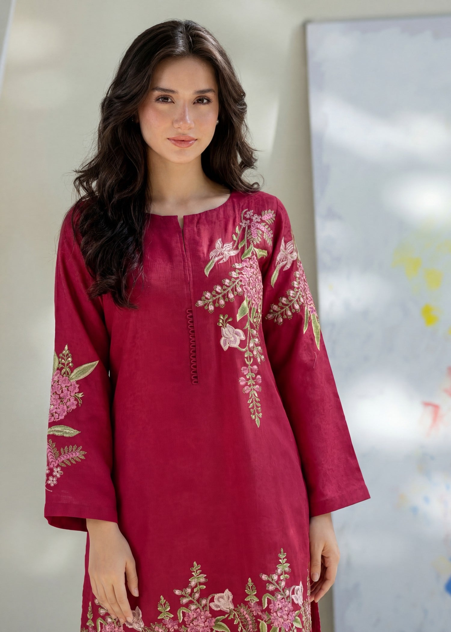 textured lawn Kurta Set in Crimson