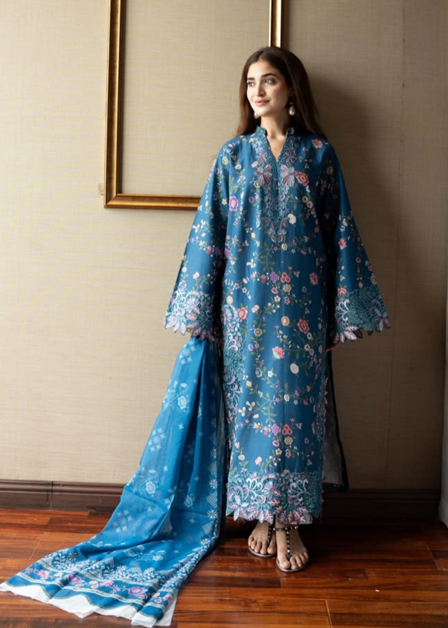 lawn Kurta Set in Navy blue