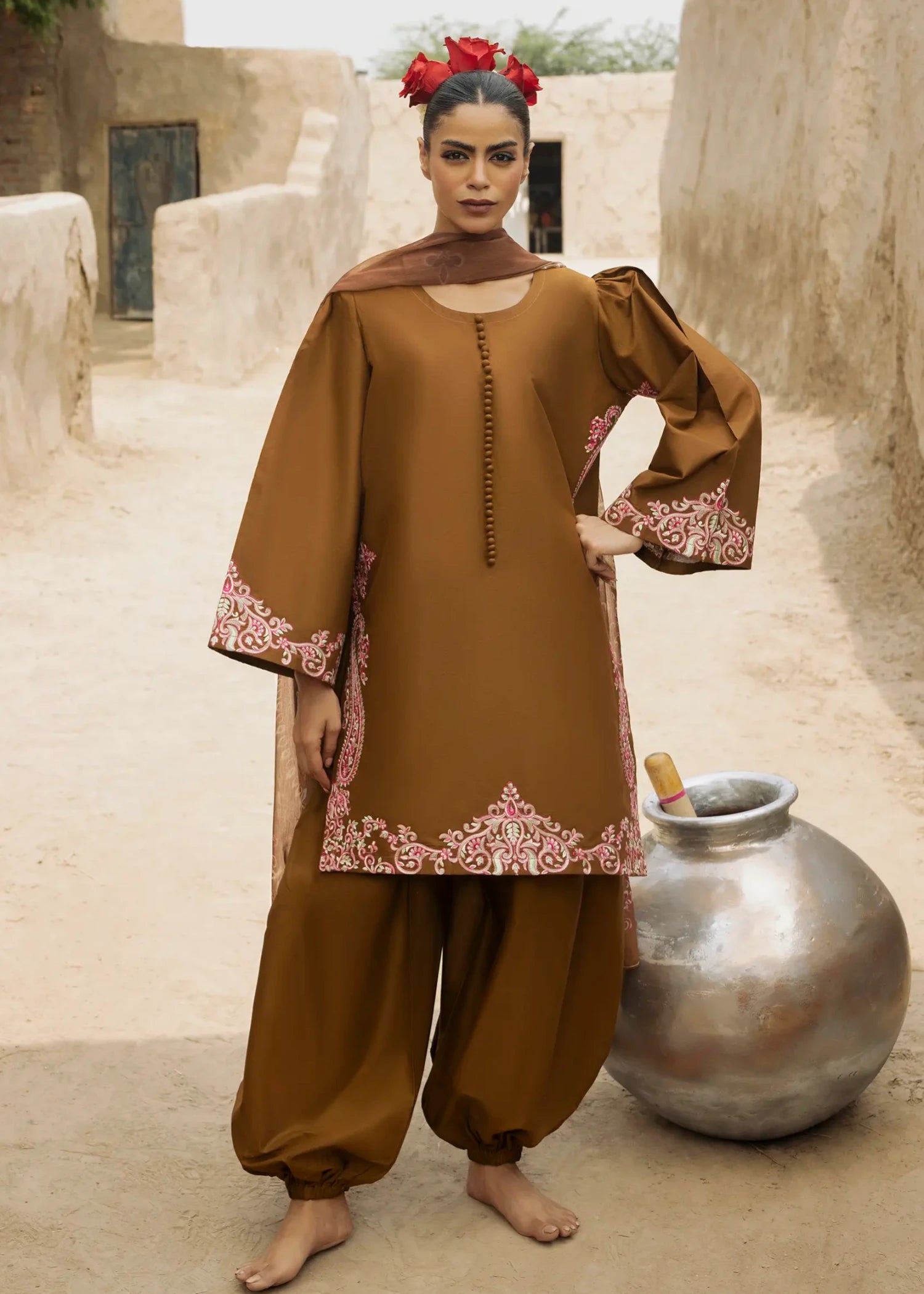 lawn cotton Kurta Set in Mocha brown
