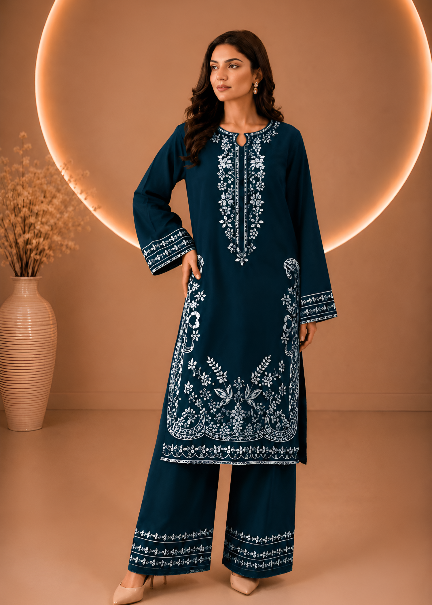 linen Kurta Set in Twilight blue