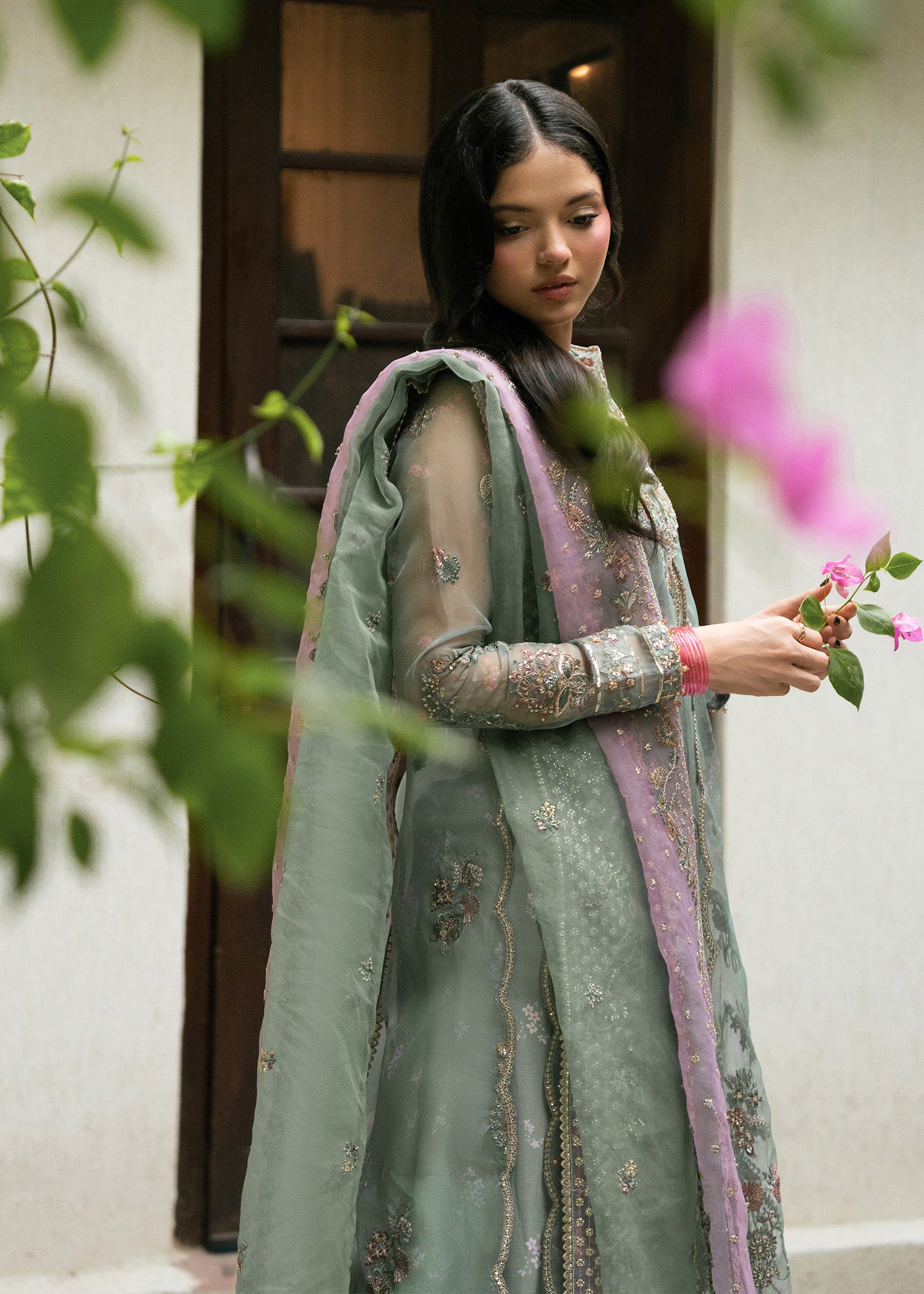 organza Unstitched in Moss green, tea green