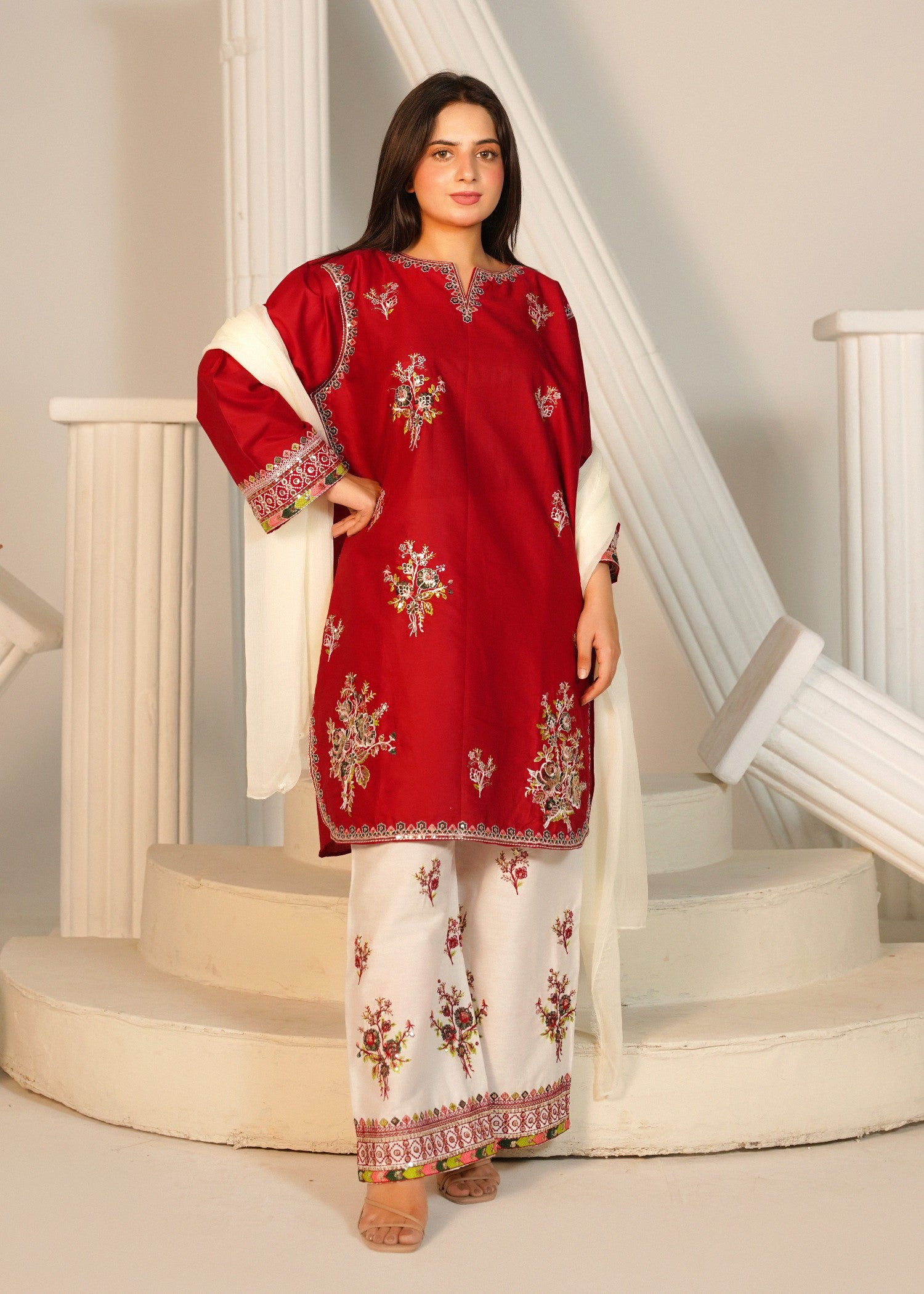 lawn cotton Kurta Set in Off-white, maroon
