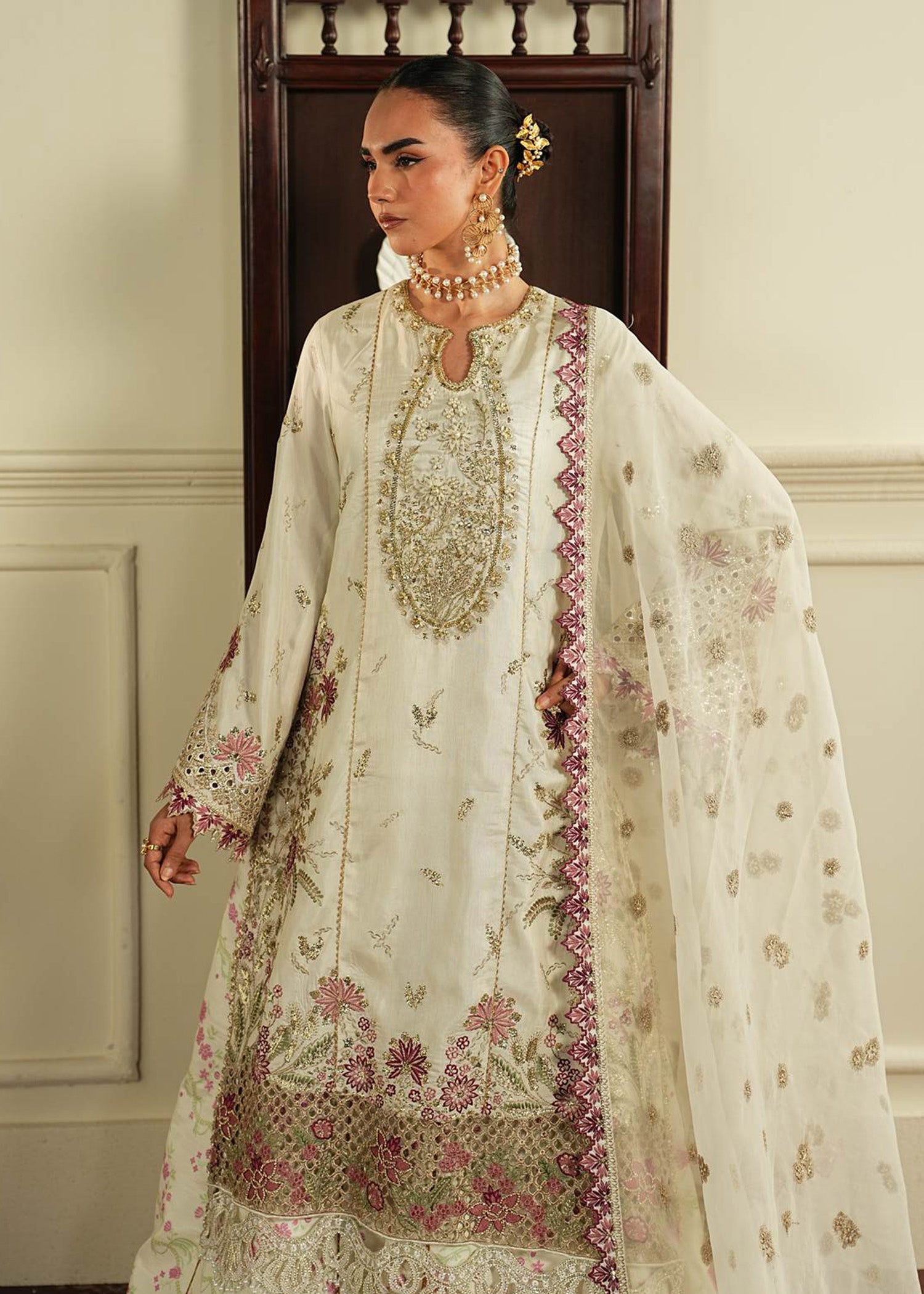 korean raw silk Sharara in White