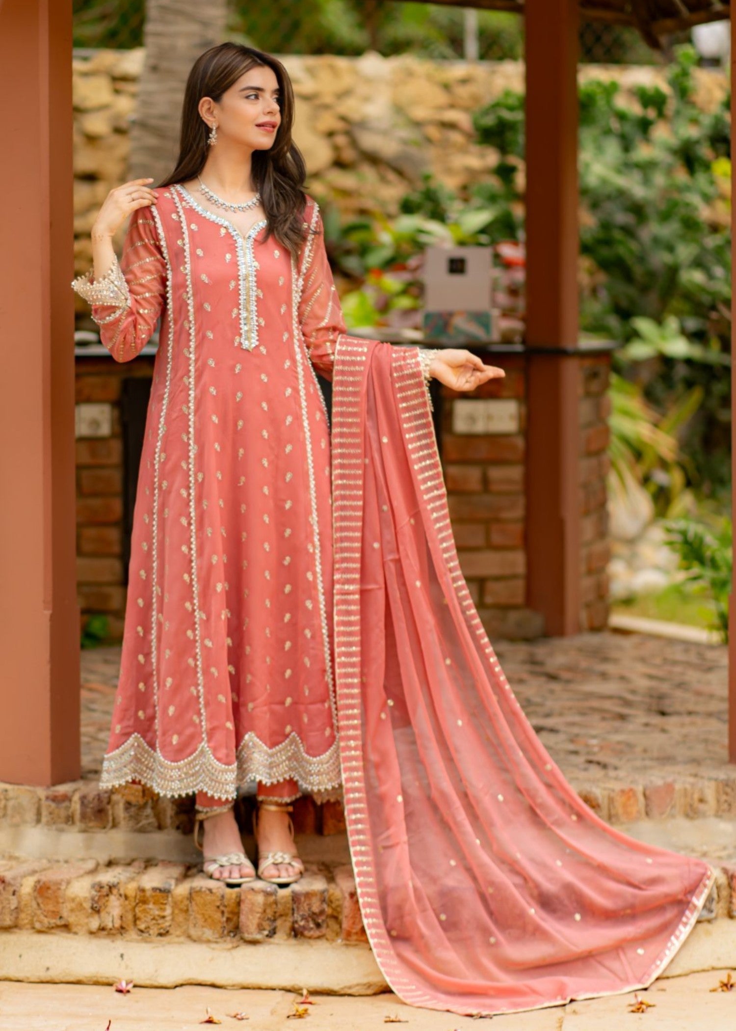 chiffon Pishwas in Peach pink