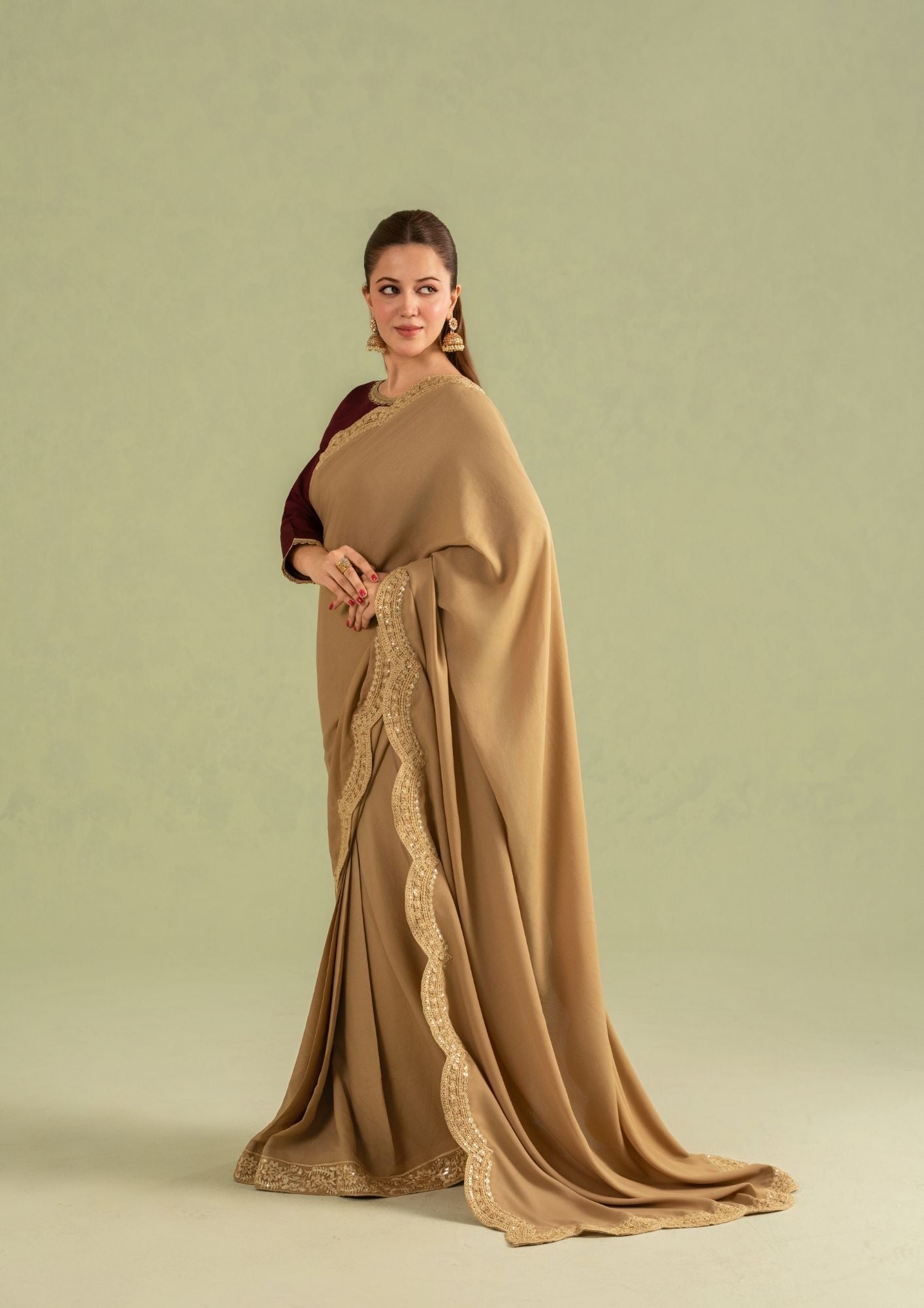 georgette Saree in Maroon, camel brown