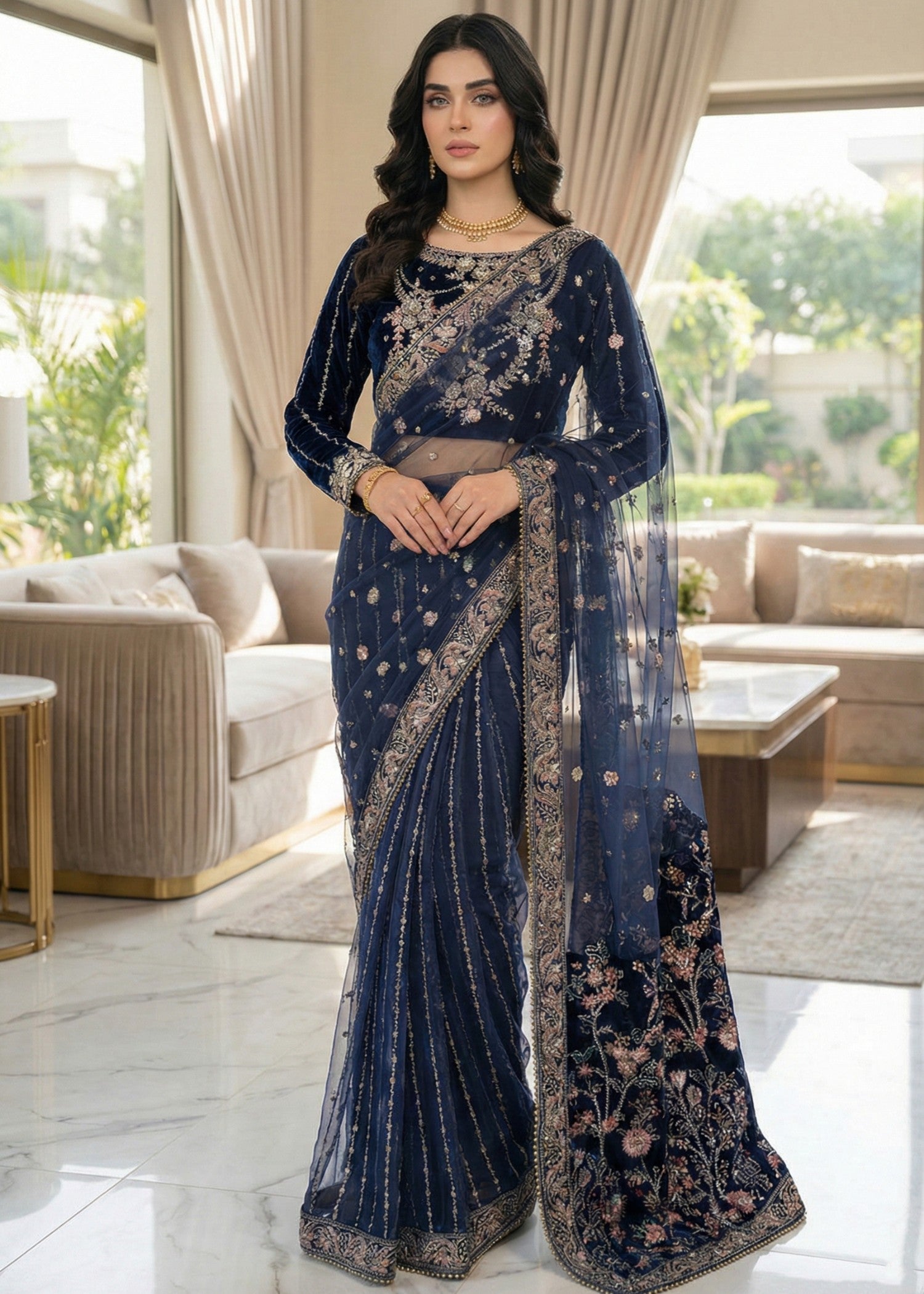 velvet Saree in Blue