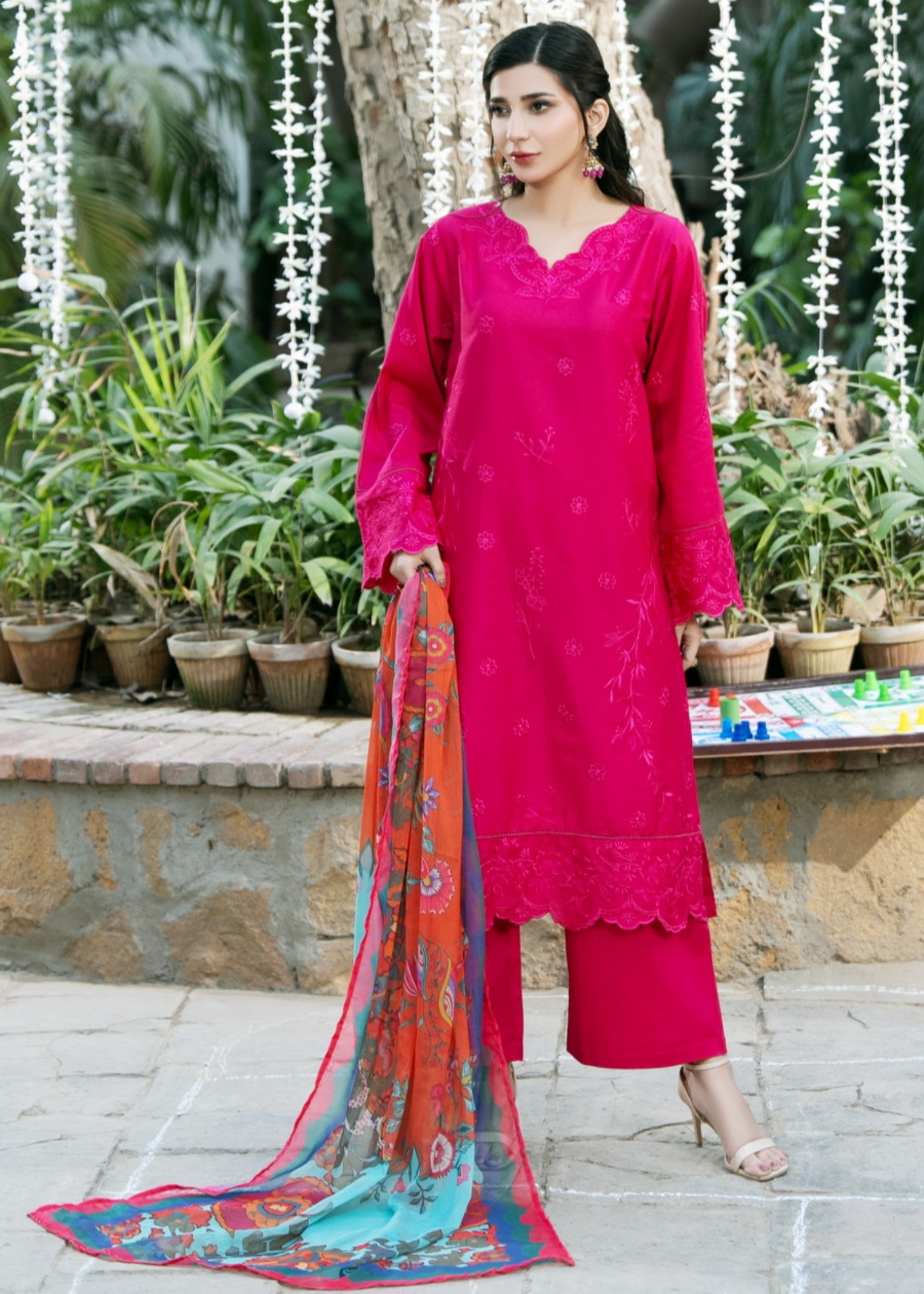 cotton Kurta Set in Shocking pink