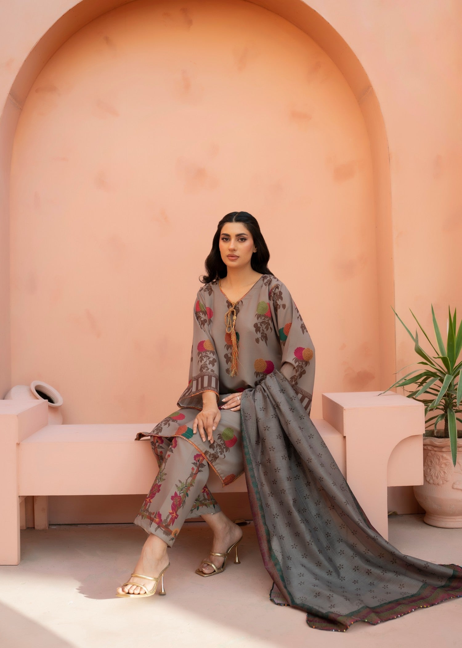 poly lawn Kurta Set in Brown