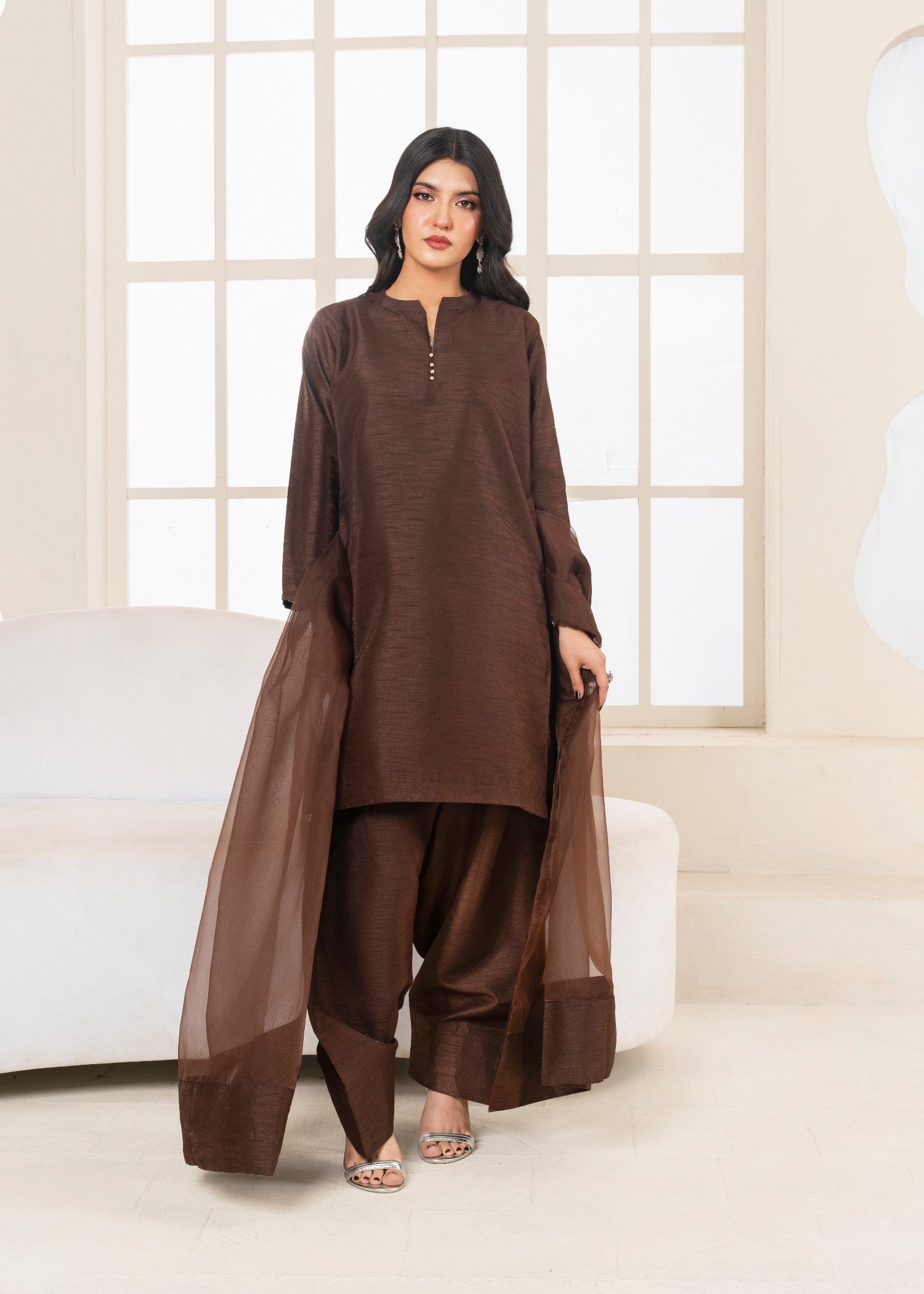pk raw silk Kurta Set in Chocolate brown