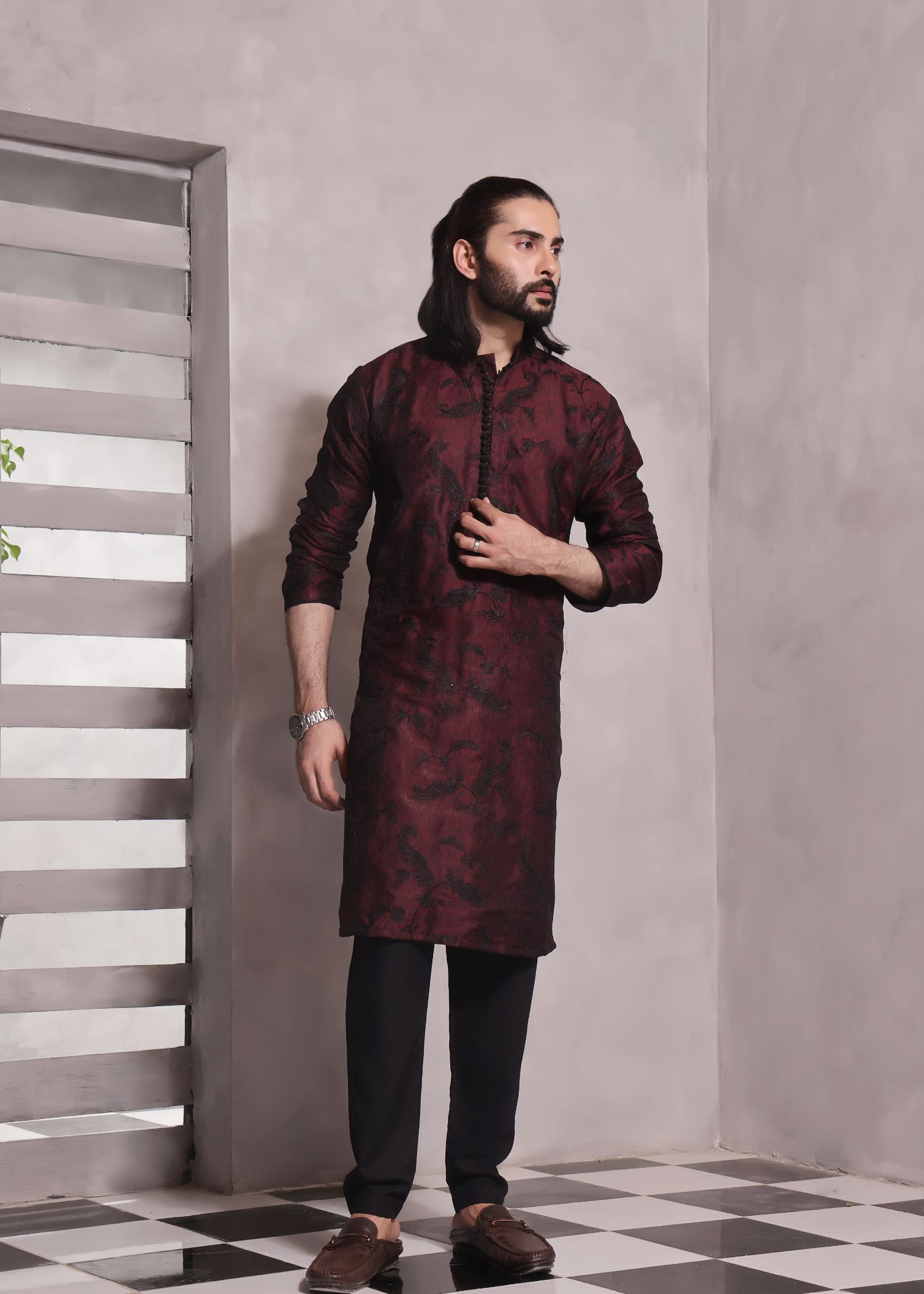 jamawar Kurta Set in Maroon