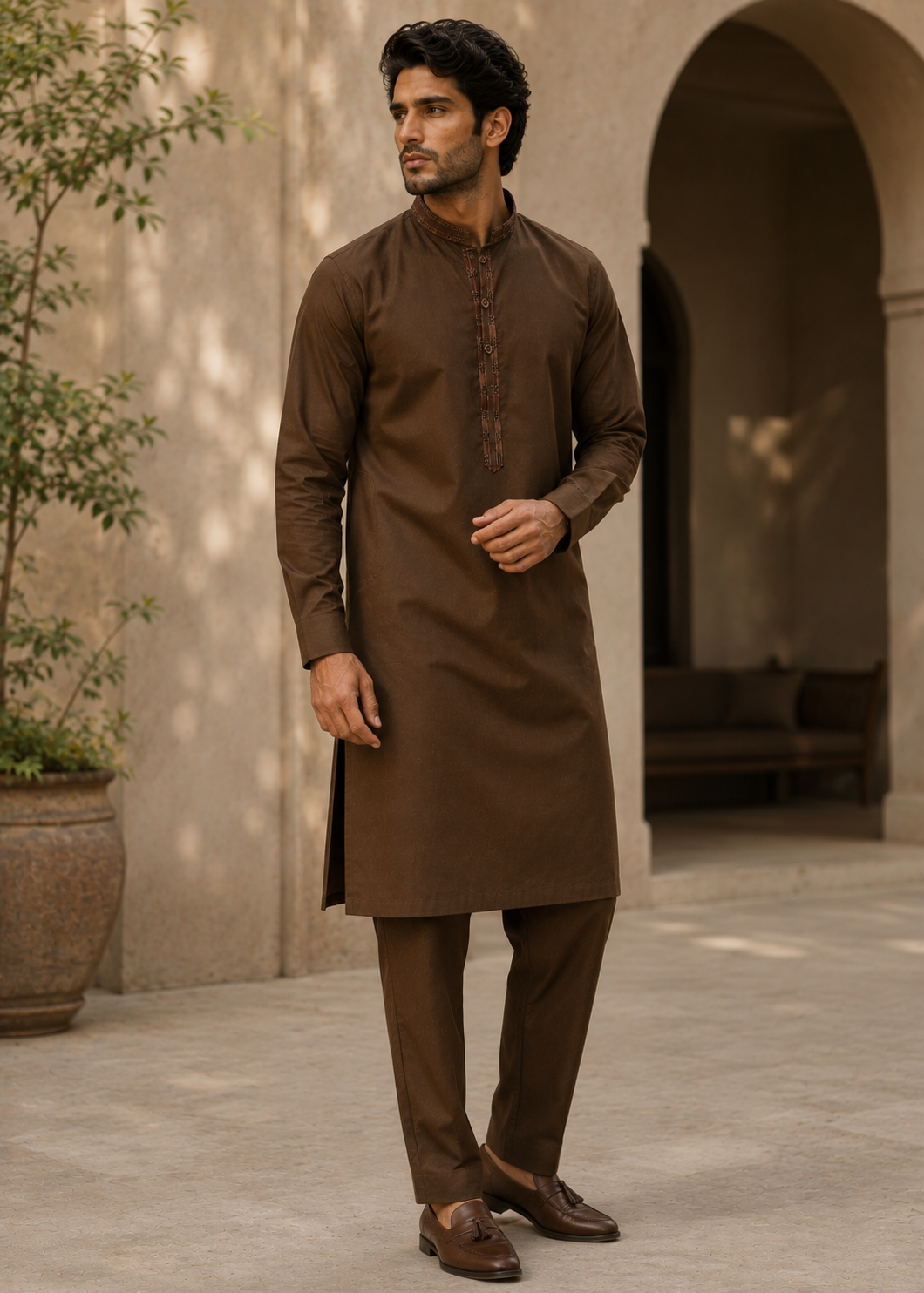 wash & wear Kurta Set in Coffee brown