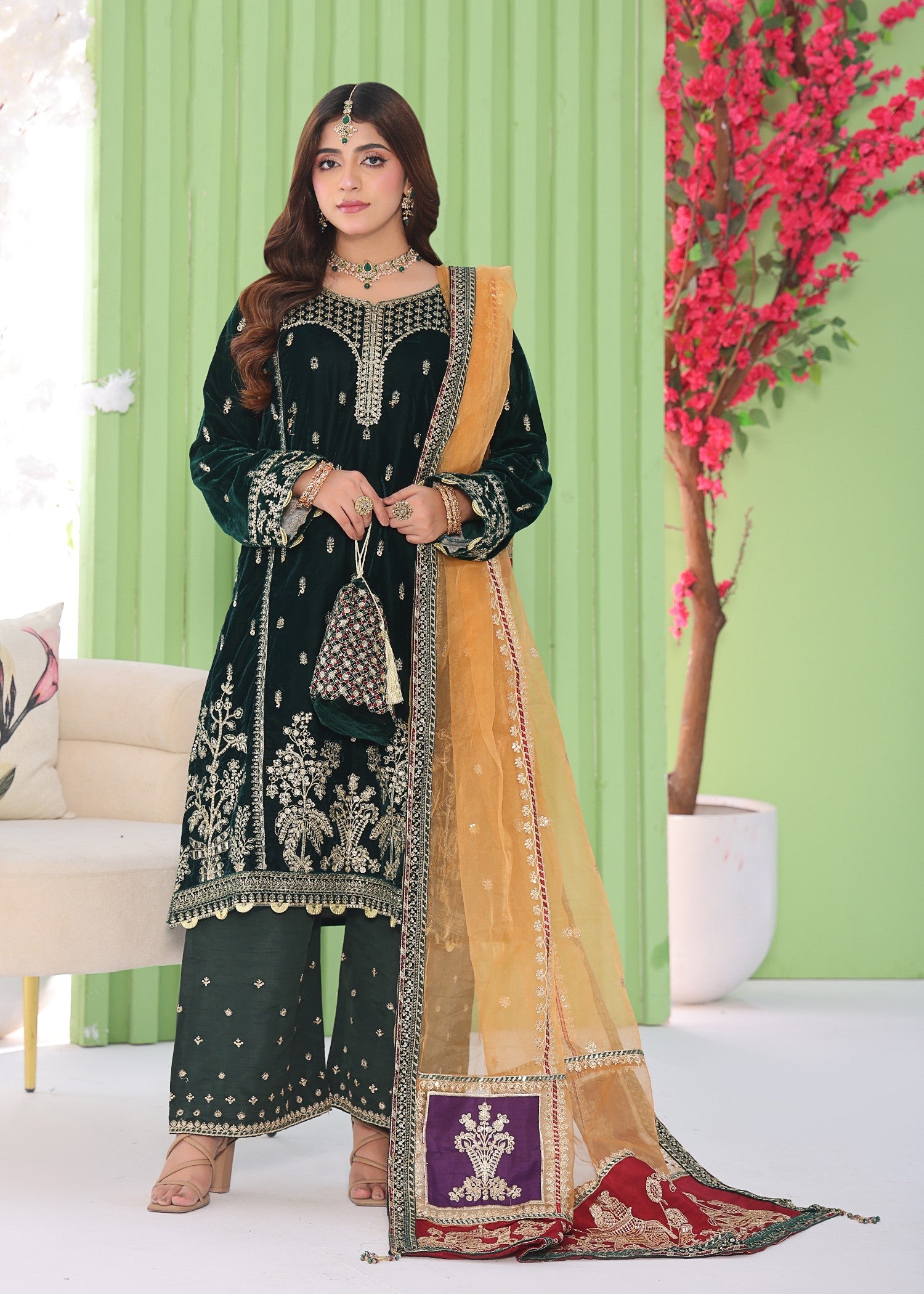 velvet Kurta Set in Bottle green