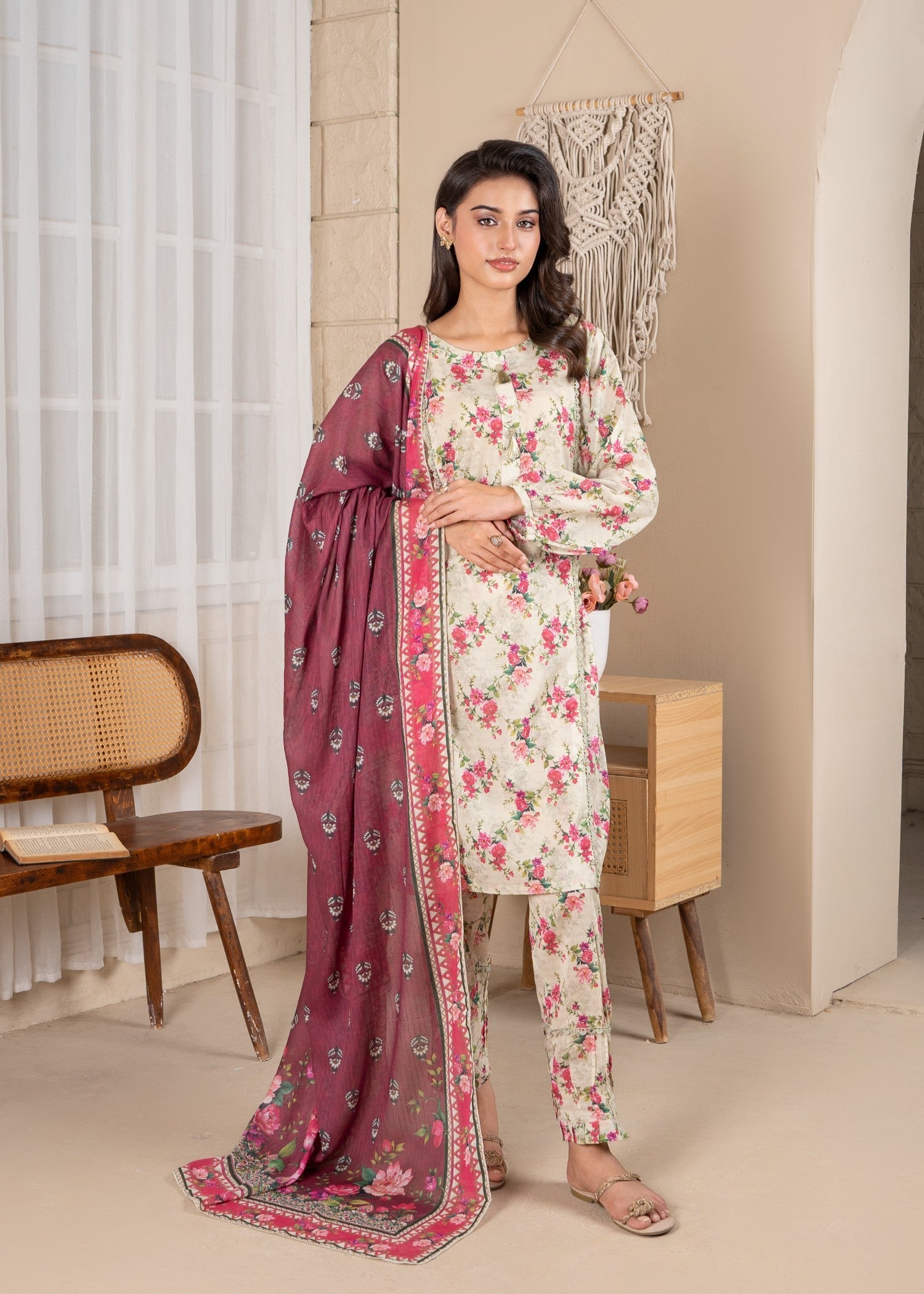 textured lawn Kurta Set in Cream