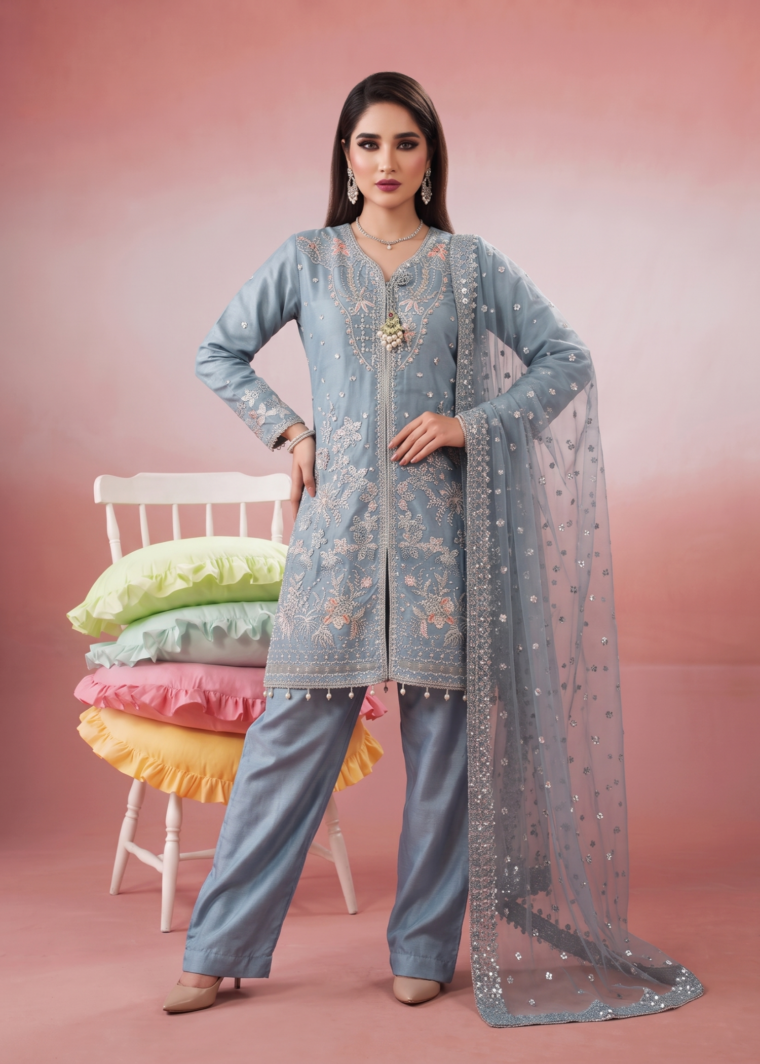 organza Kurta Set in Duck egg grey