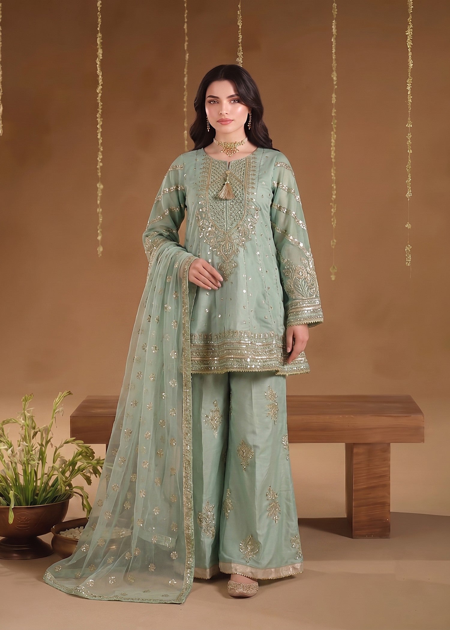 kattan silk Short Frock in Moss green