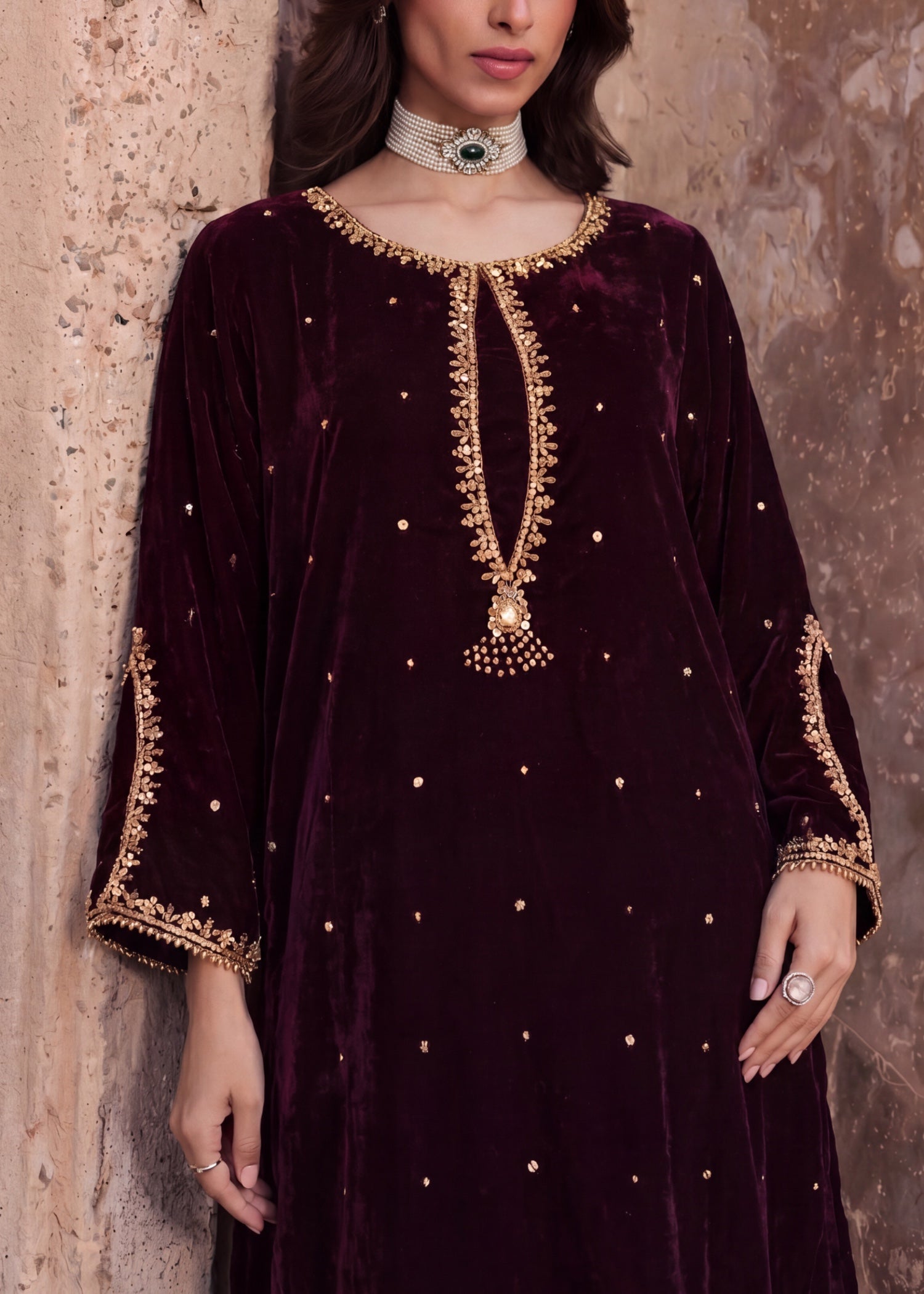 velvet Kurta Set in Burgundy