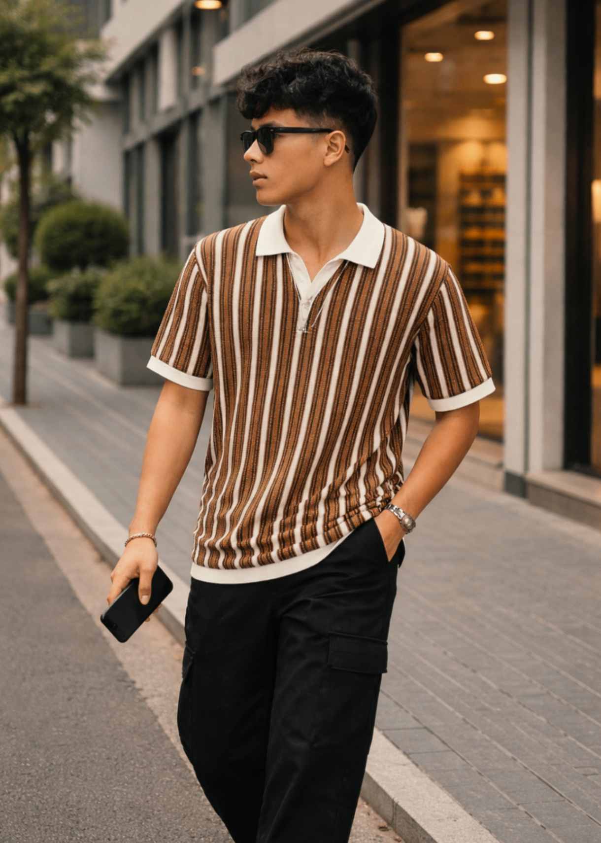 cotton Polo Shirt in Coffee brown, white