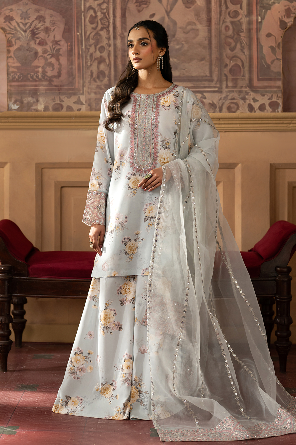 silk finish lawn Sharara in Ice blue