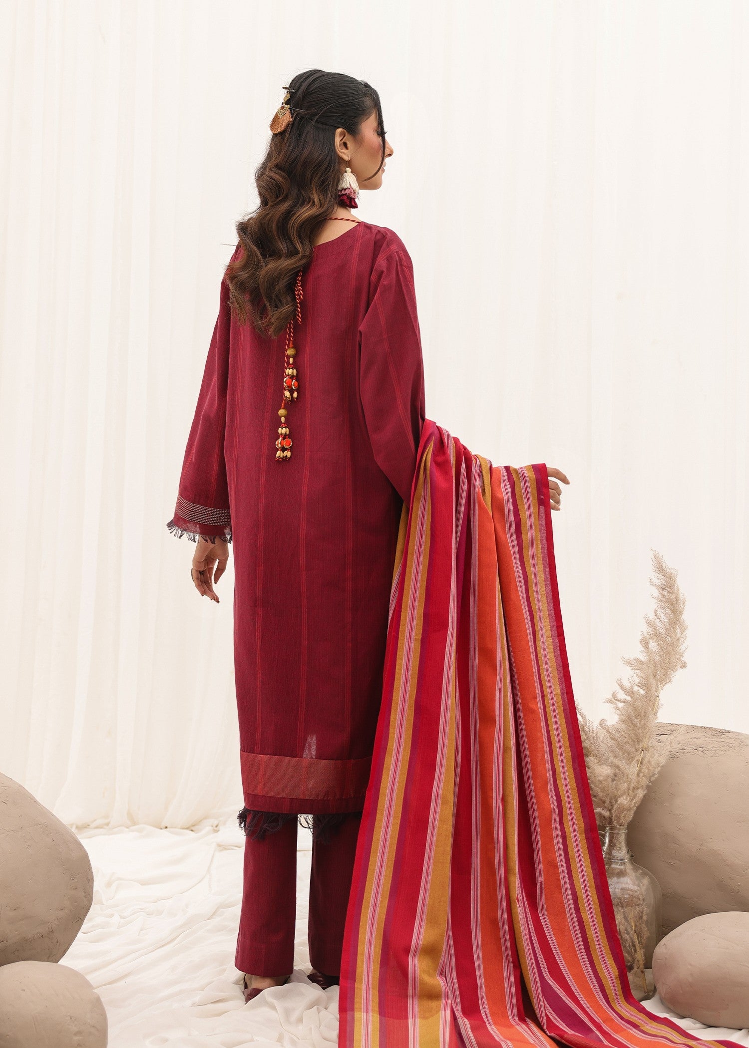 yarn dyed jacquard Unstitched in Maroon