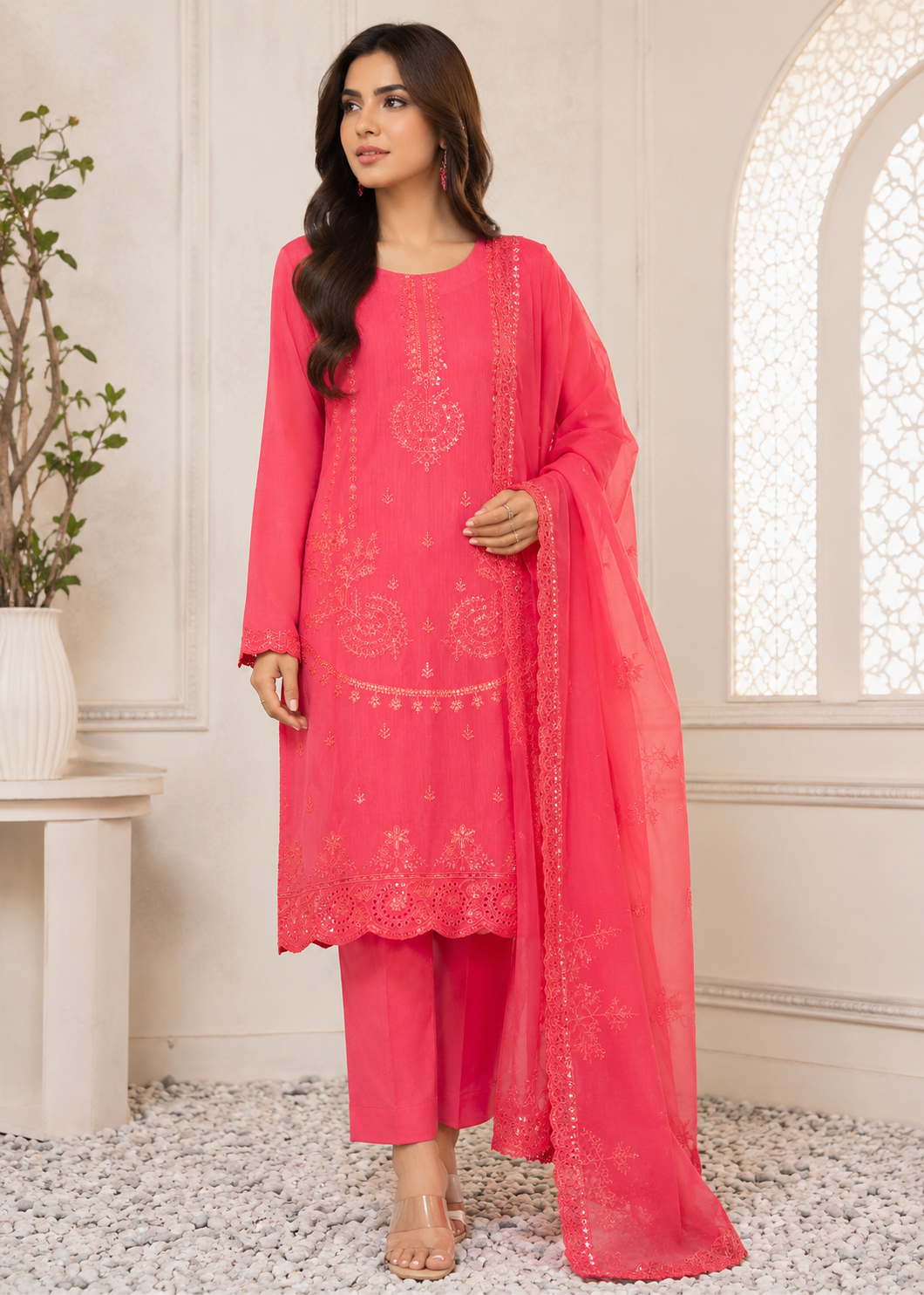 cotton Kurta Set in Coral orange