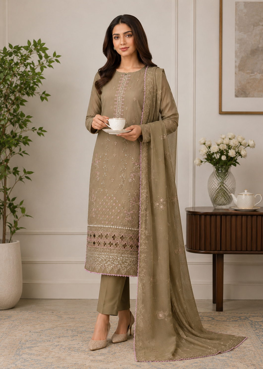 cotton Kurta Set in Caramel brown