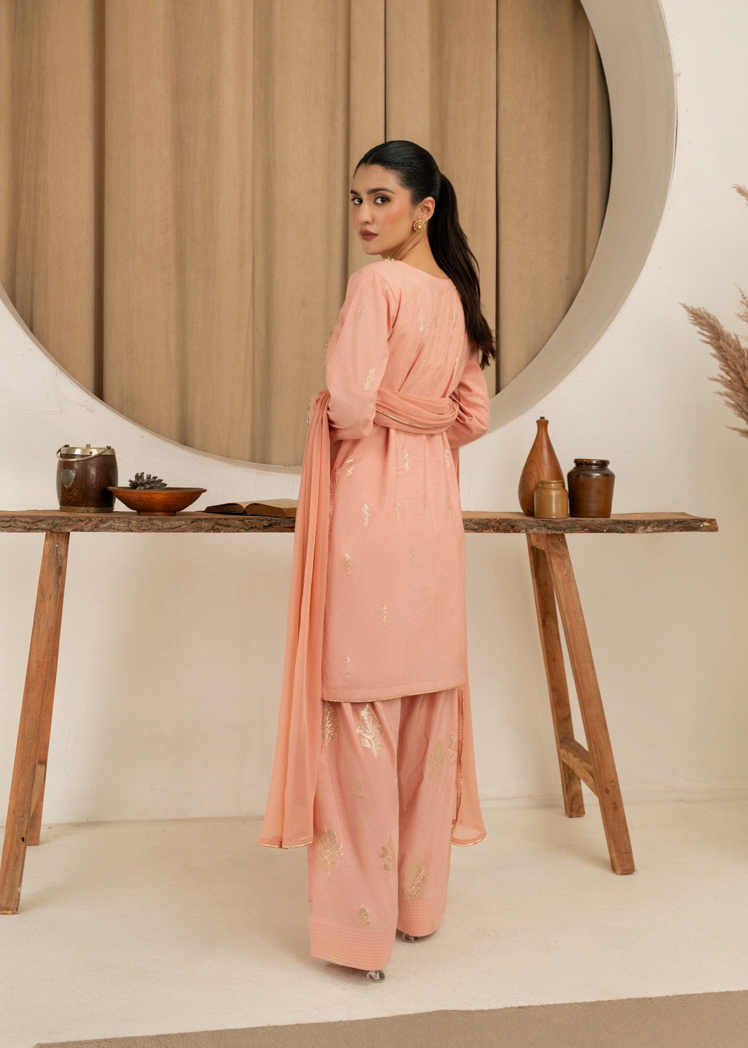 jamawar Kurta Set in Peach pink