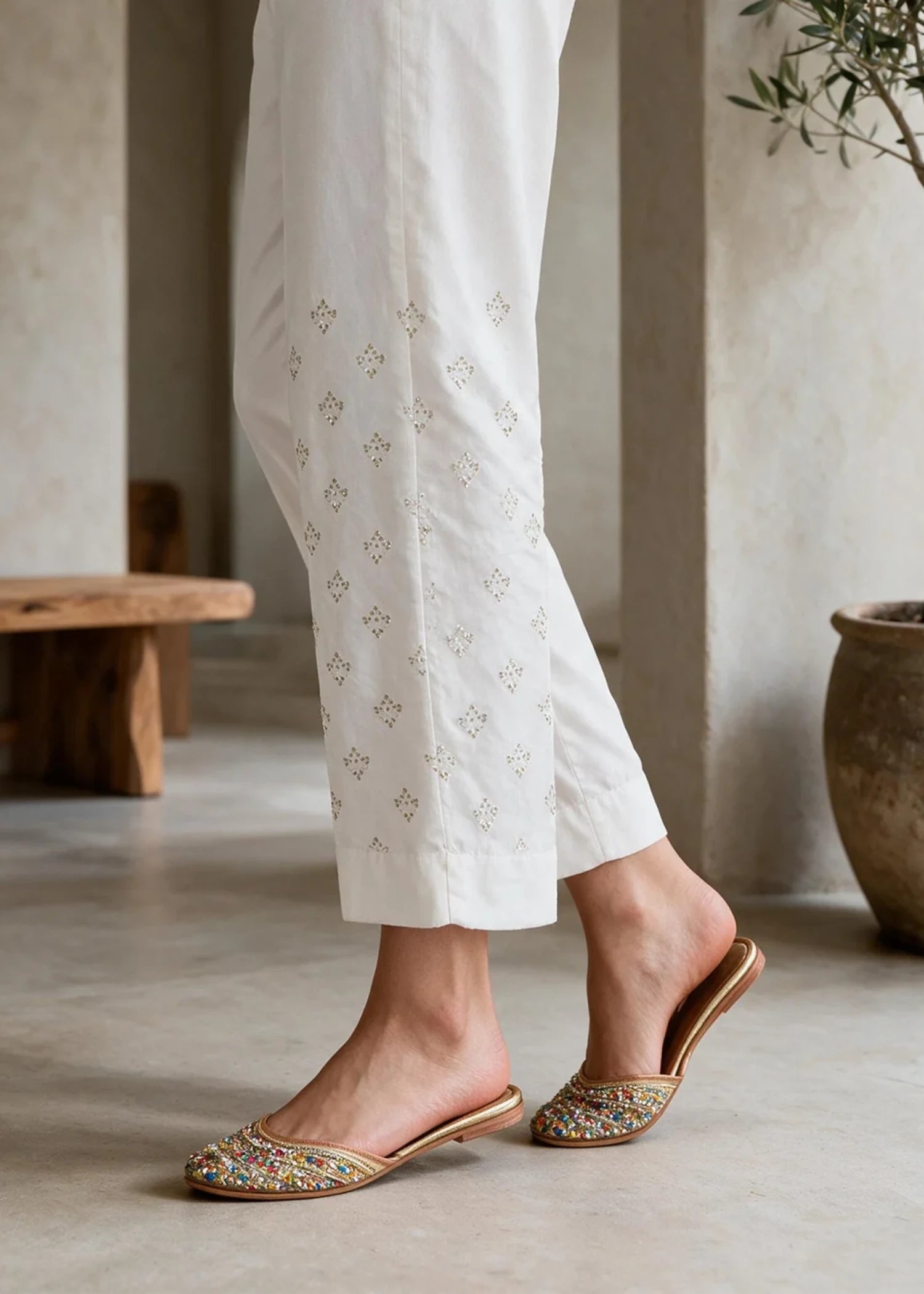 cotton silk Trousers in White