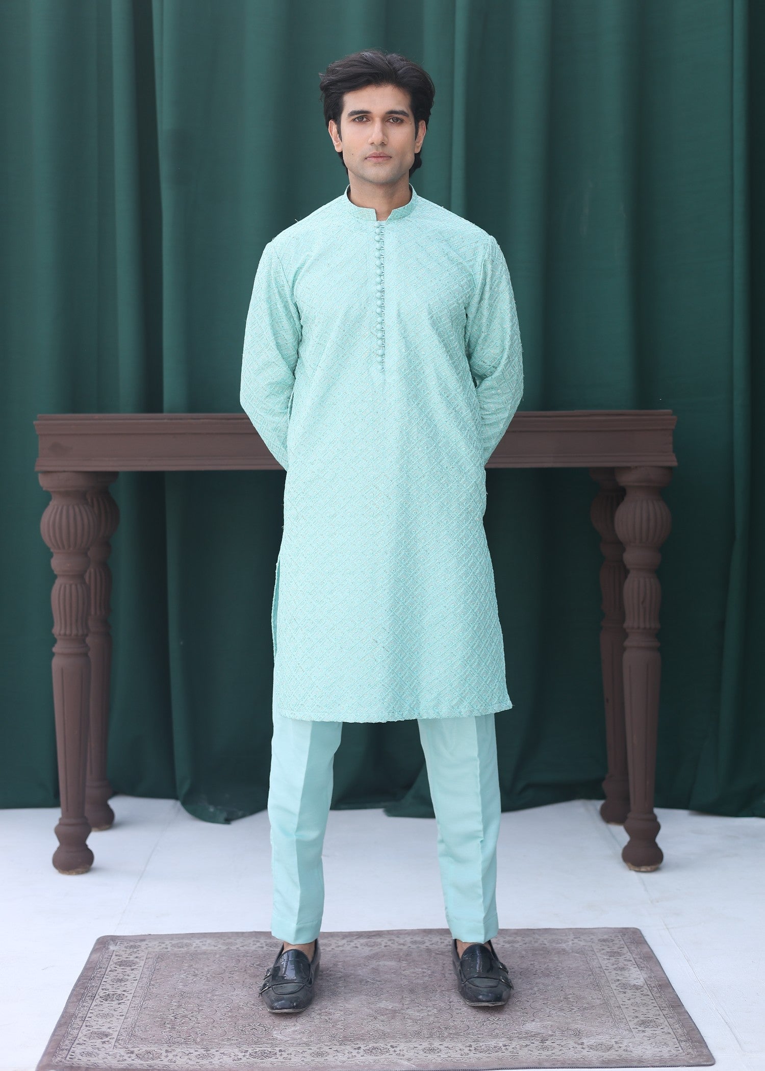raw silk Kurta Set in Aquamarine