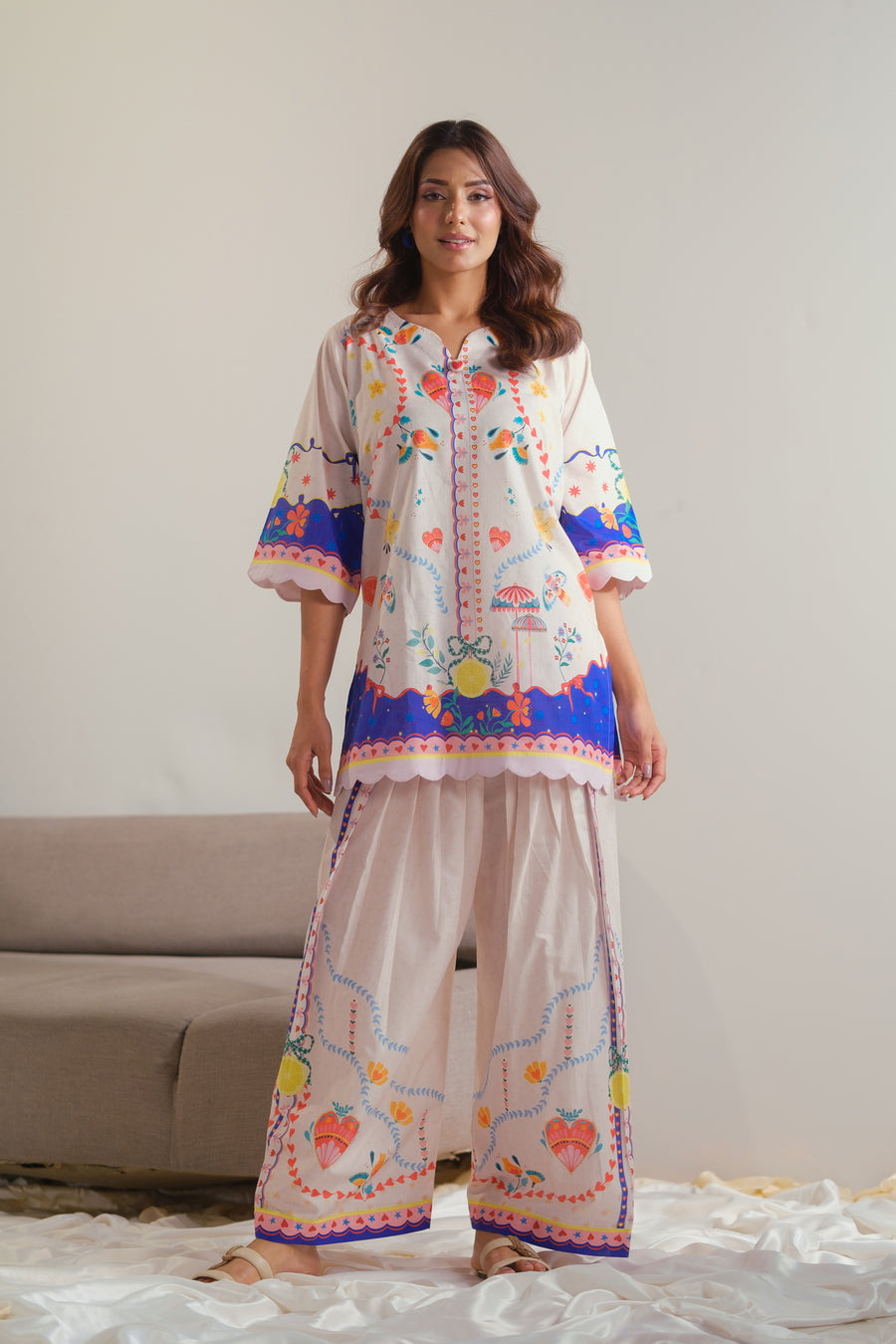 lawn cotton Co Ord Sets in Floral white