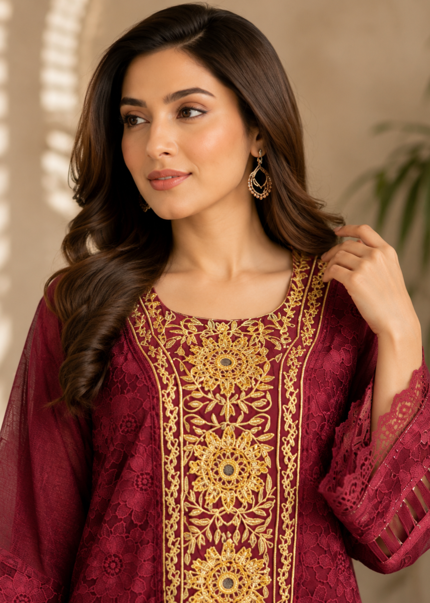 tissue Kurti in Maroon