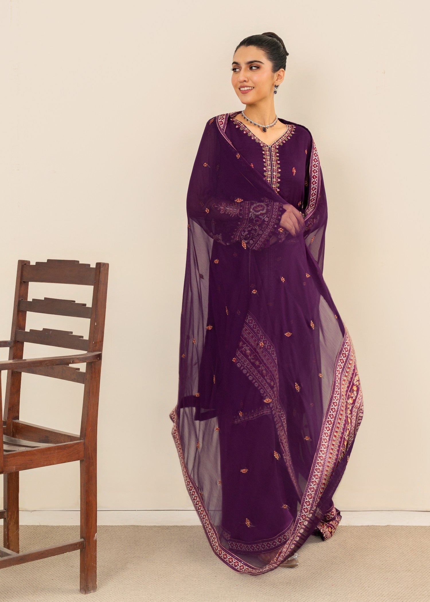 chiffon Kurta Set in Purple rain