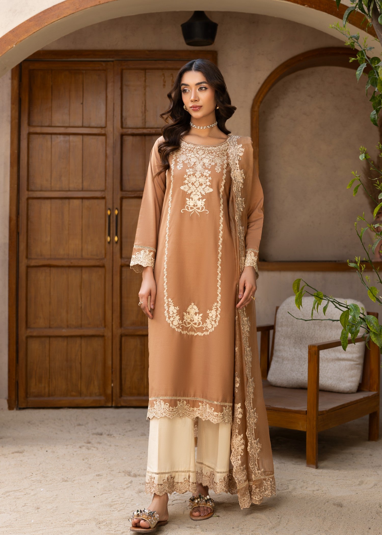 lawn cotton Kurta Set in Peanut