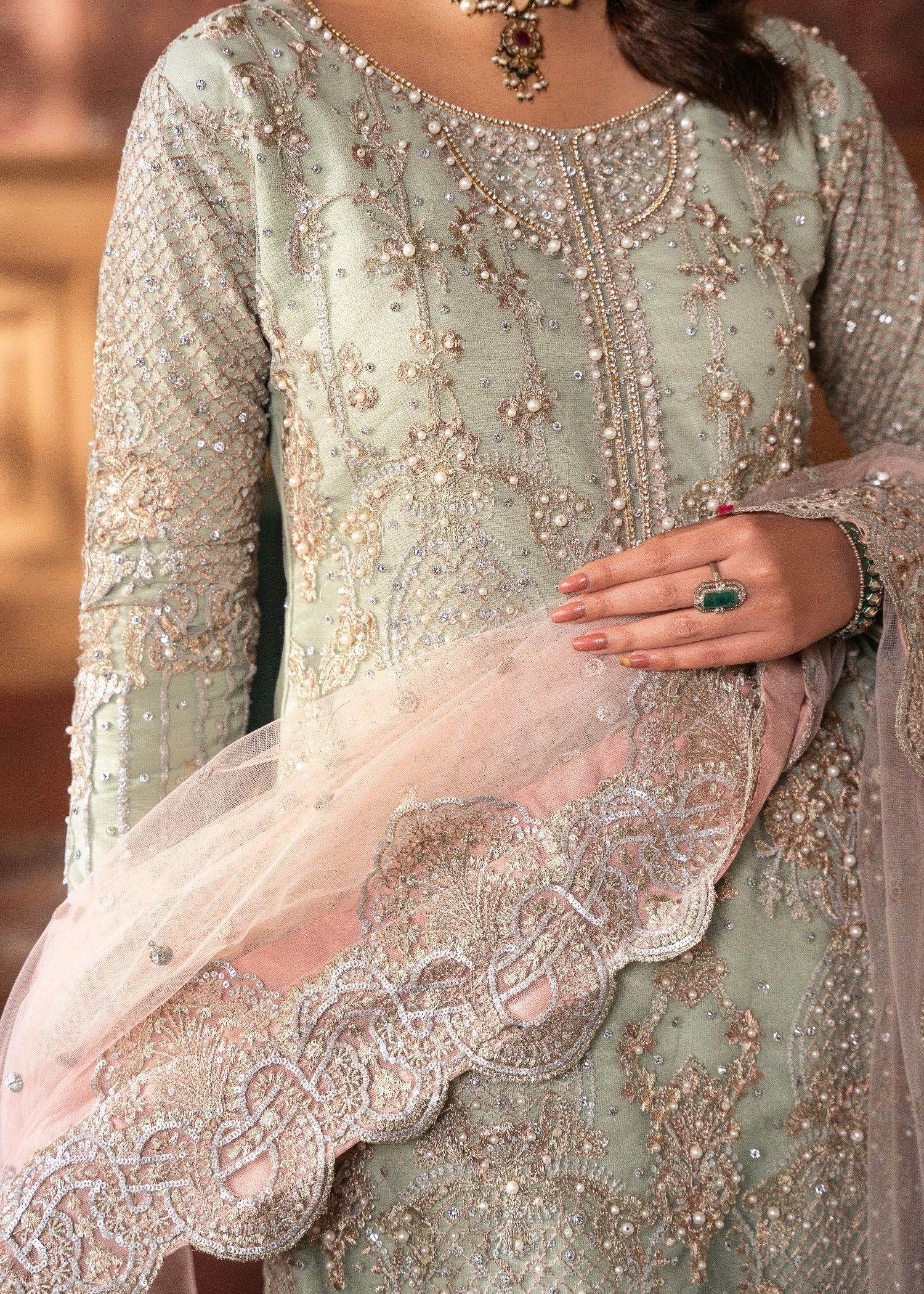 net Kurta Set in Mint green