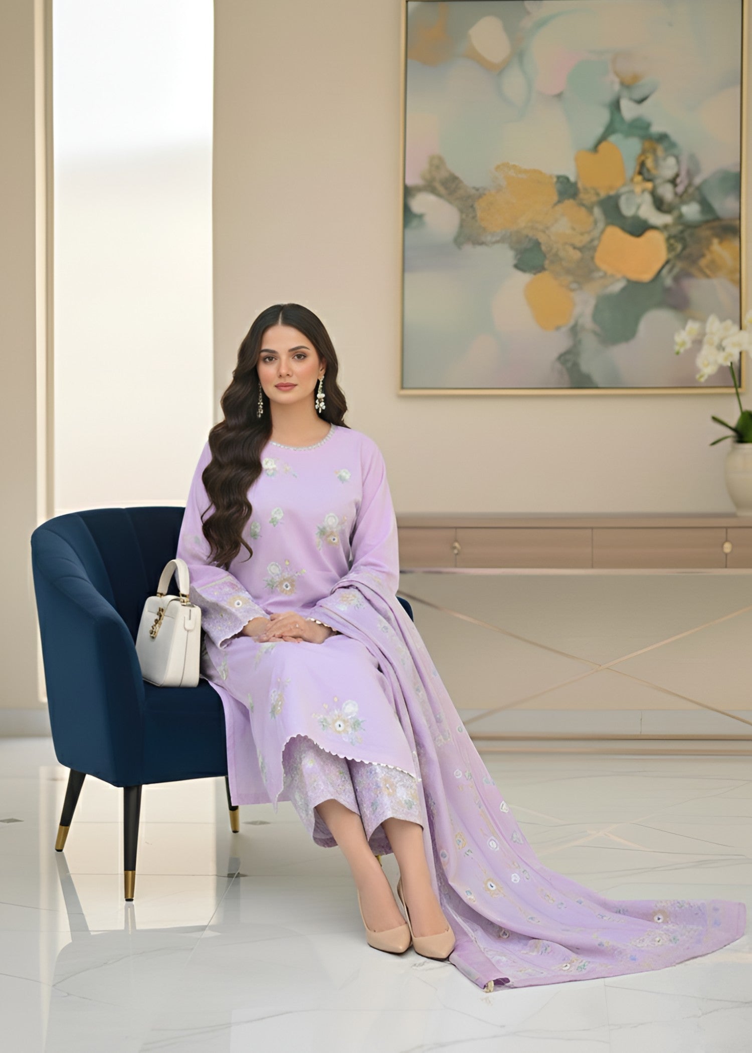 cambric Kurta Set in Lavender mist