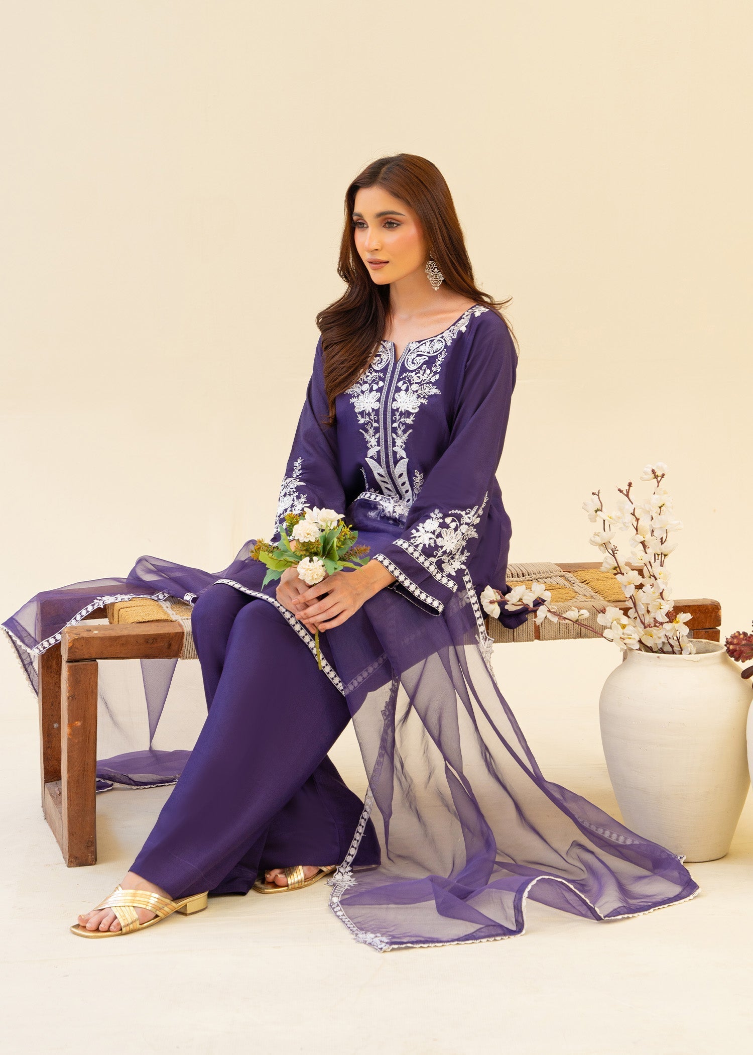 viscose raw silk Kurta Set in Purple