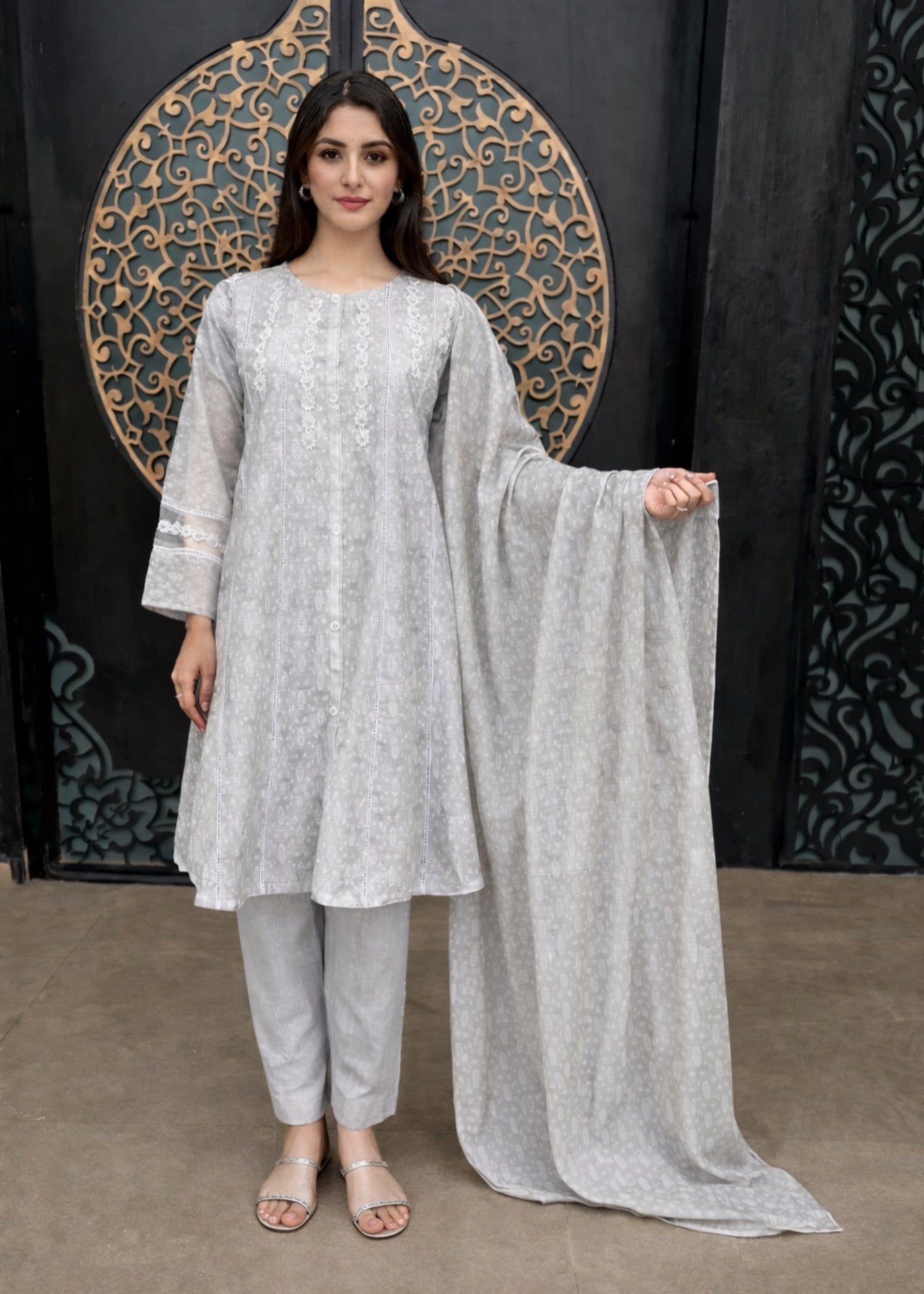 paper lawn Short Frock in Silver