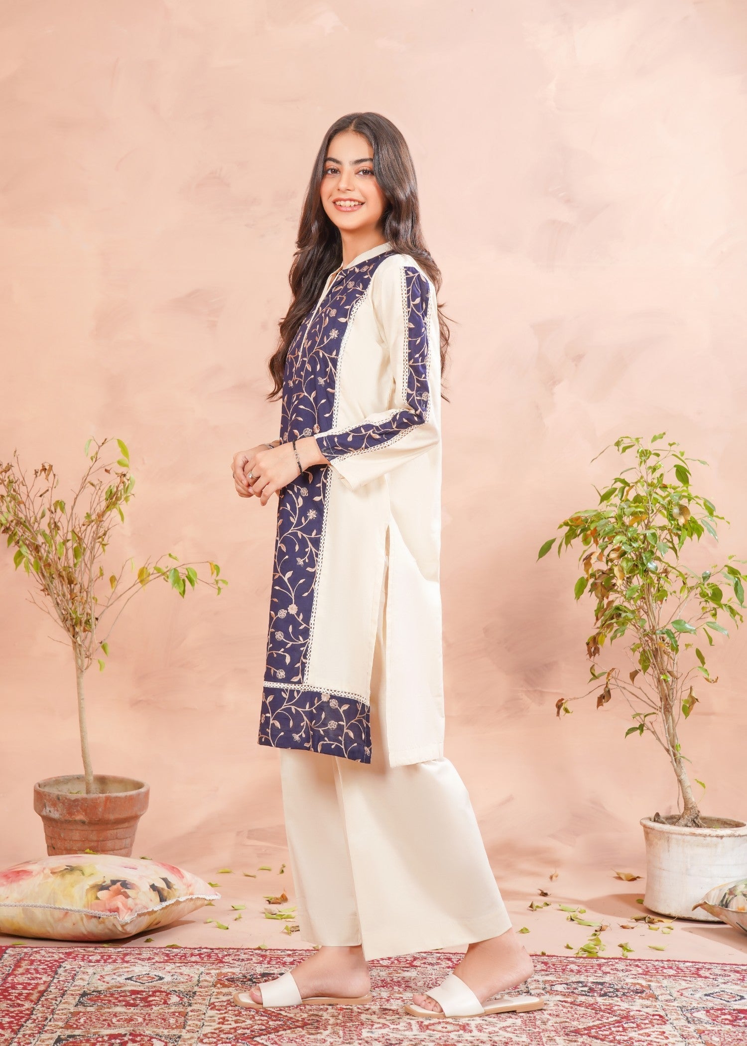 cotton Kurta Set in Wheat, navy blue