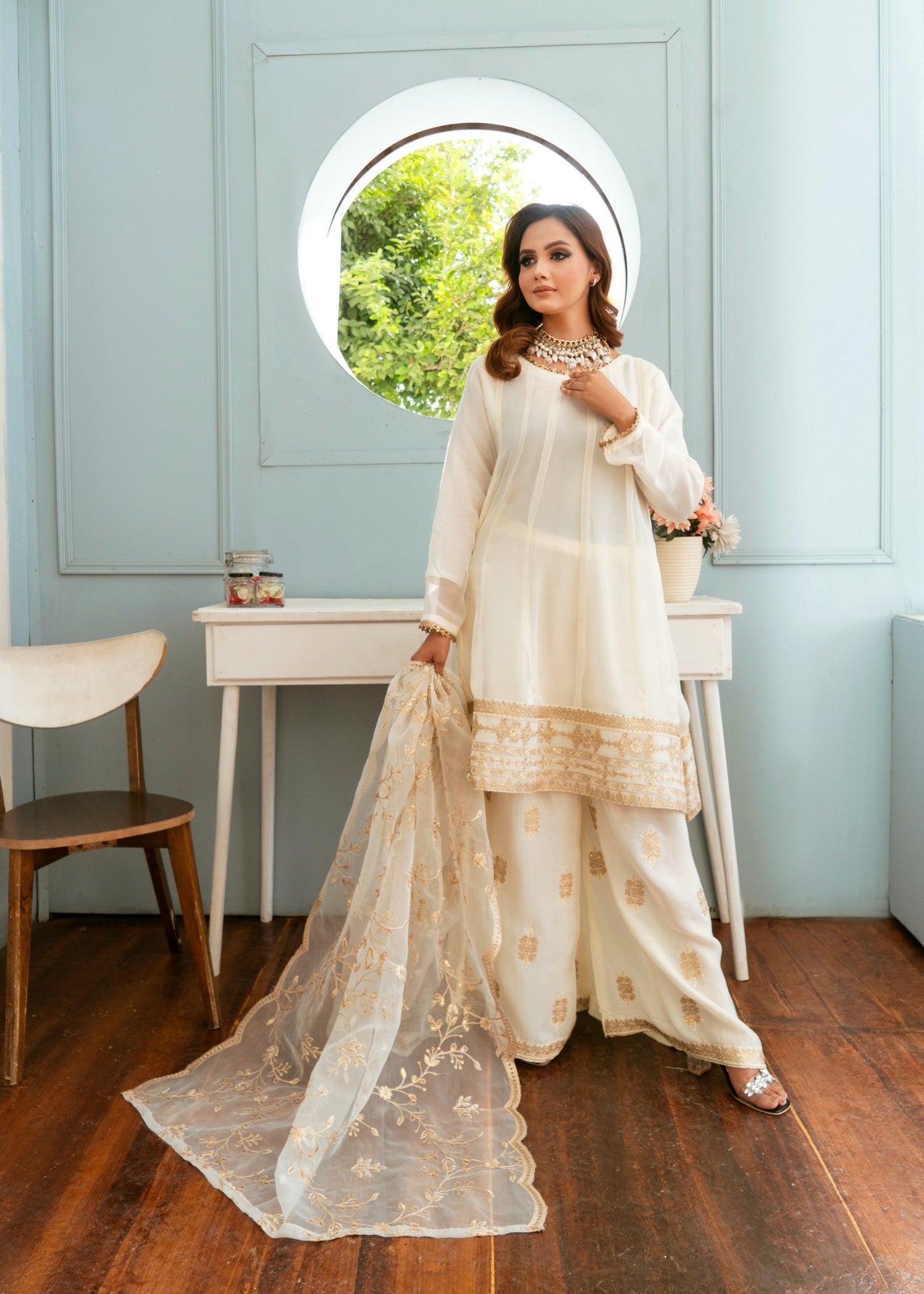 chiffon Short Frock in Off-white
