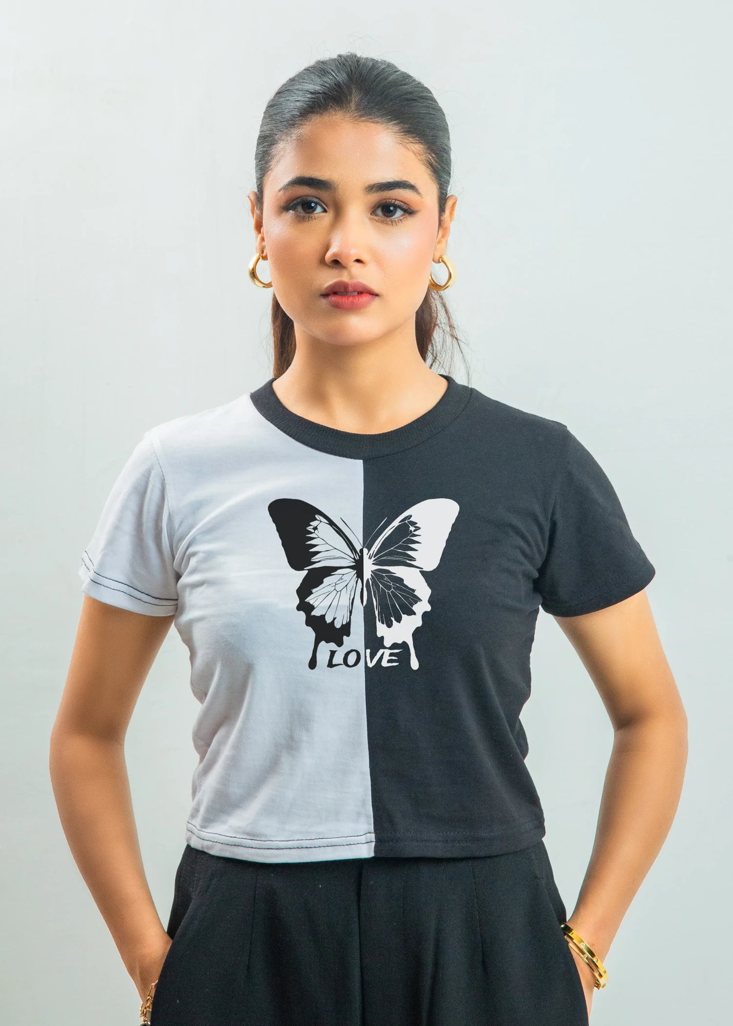 cotton jersey Top in Black, white