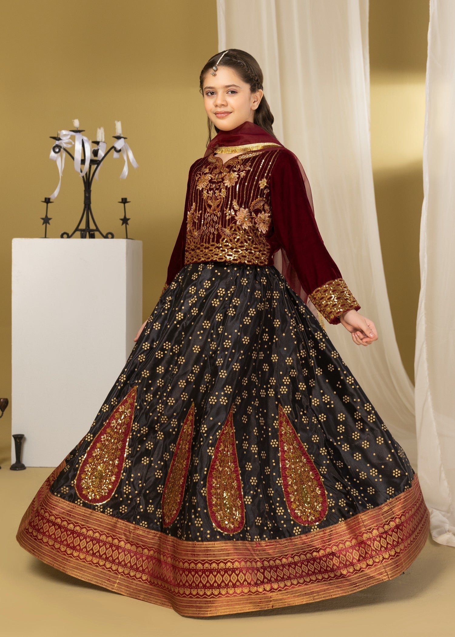 velvet Lehenga in Maroon, black