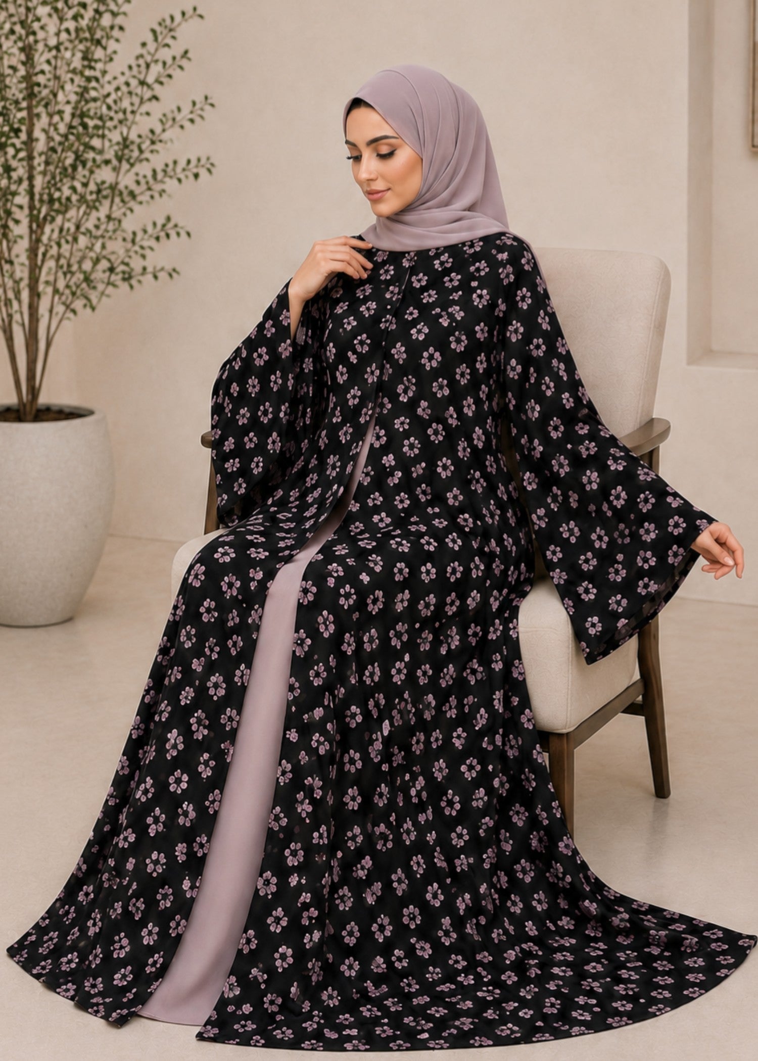 crepe georgette Abaya in Coral pink, black