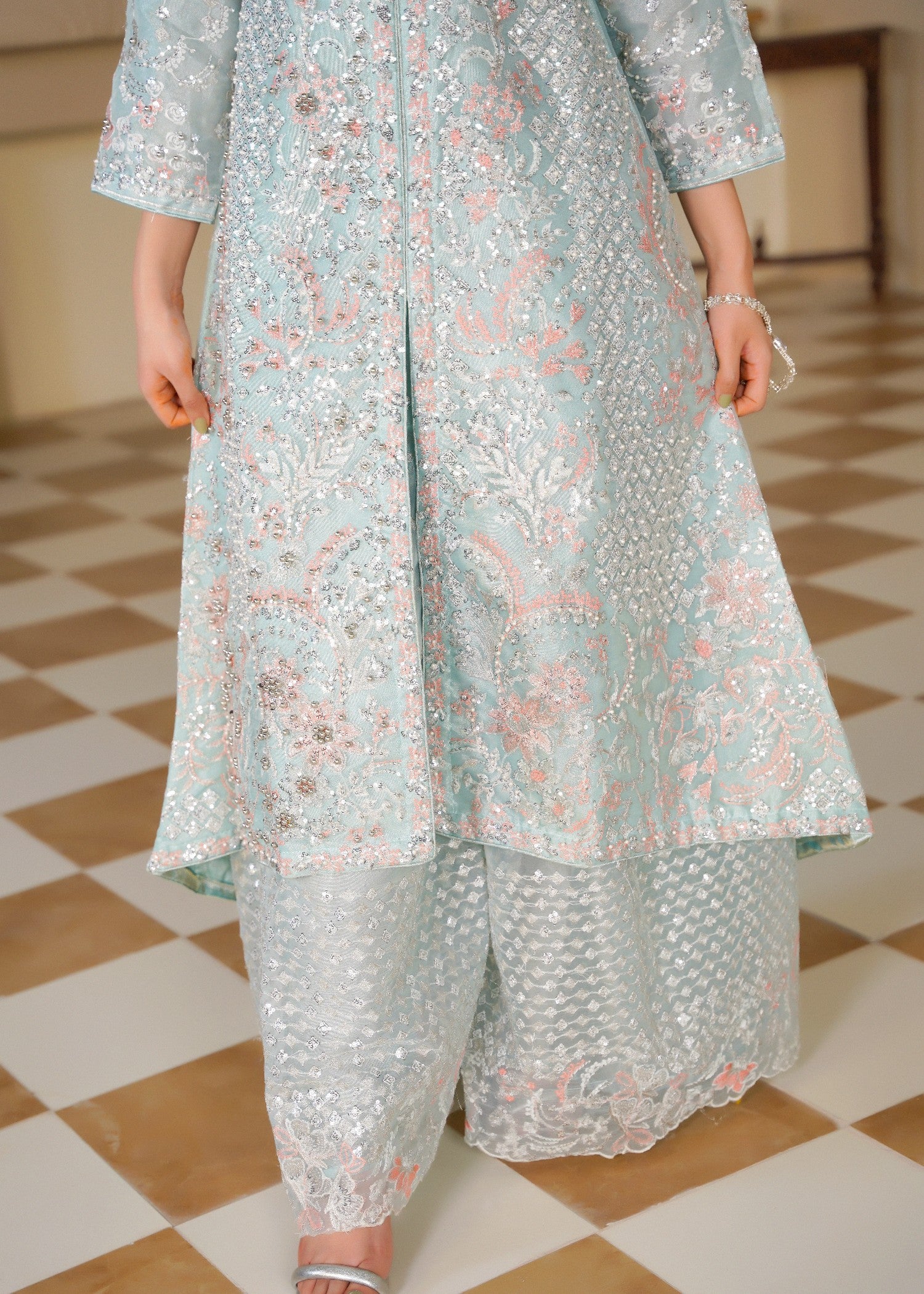 organza Sharara in Silver, ice blue