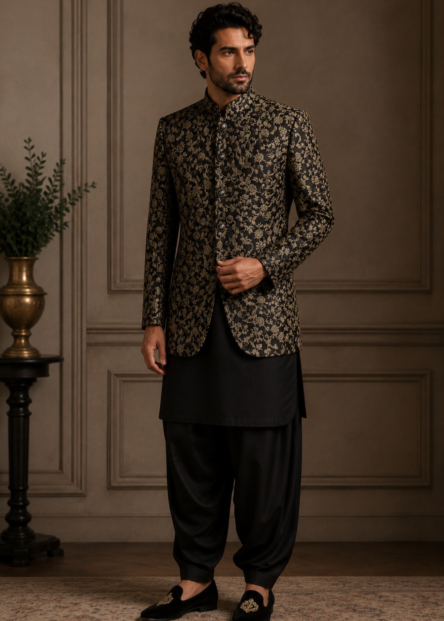 raw silk Prince Coat in Gold, dark brown